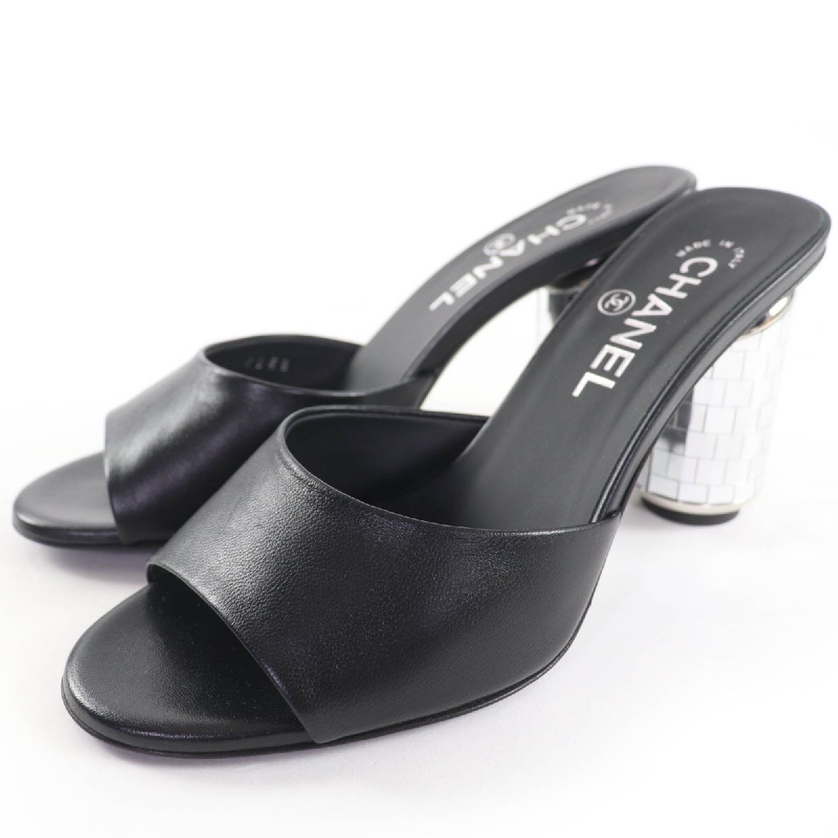 未使用品☆CHANEL シャネル G45358 ココマーク ミラーヒール レザー サンダル ブラック シルバー 37 箱・保存袋付 イタリア製 レディース拍卖