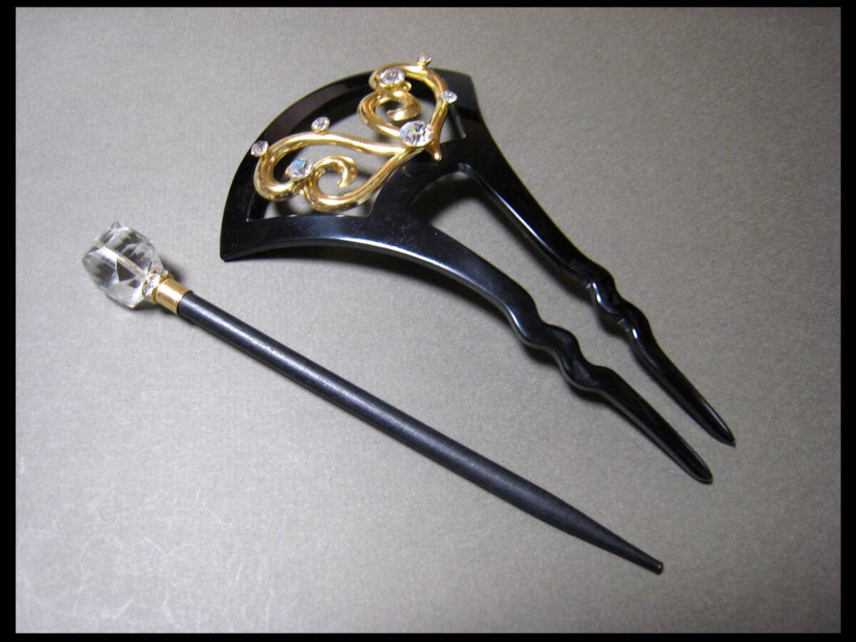 黒 金色 唐草彫金 ビーズ飾り バチ簪 ガラス 玉簪 和洋装 髪飾り かんざし 2点拍卖