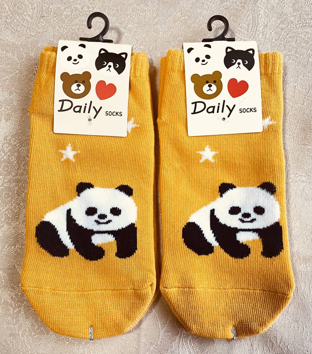 【新品】【送料込み】【23~25】パンダ柄ショートソックス2足セット イエロー拍卖
