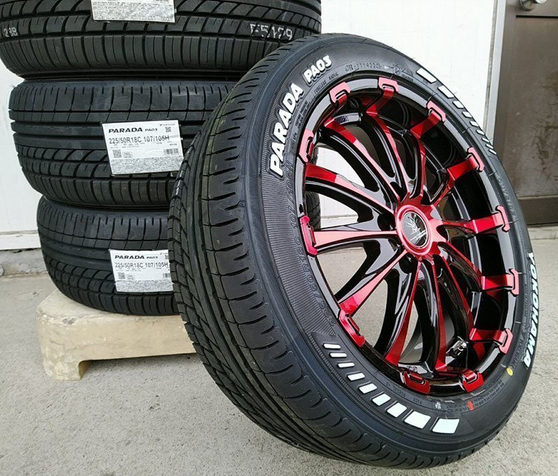 ハイエース 200系 人気 タイヤホイール 新品4本セット ヨコハマ パラダ ホワイトレター 225/50R18 18インチ BD12拍卖