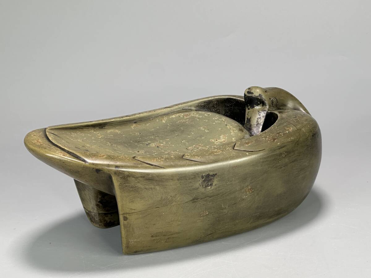 UO22BJ 中国美術 明~清時代 書道具 文房具 硯 鴨形緑端渓硯 古物保証 唐物 時代物 旧家蔵出し 拍卖