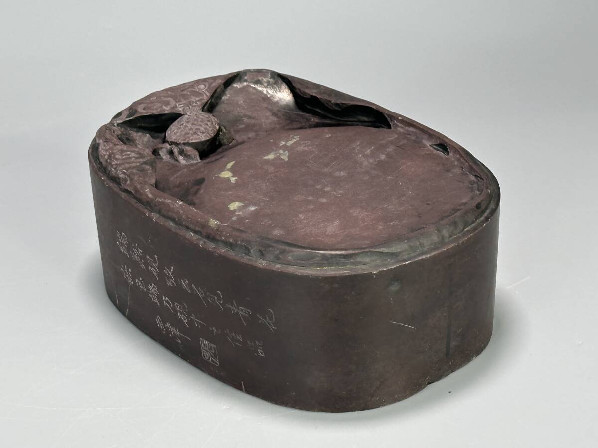 UO22-2 中国美術 明~清時代 書道具 文房具 刻神亀端渓硯 在銘三つ 旧家蔵出し 古物保証 唐物 拍卖