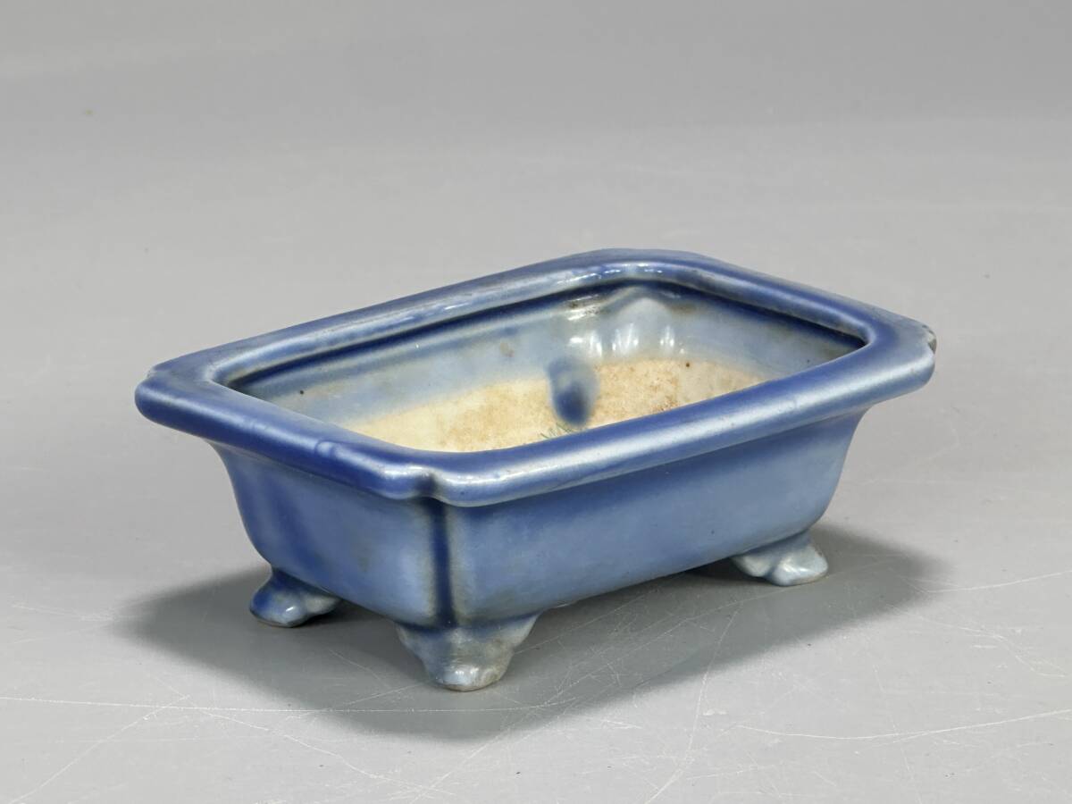 UO22-13 盆栽美術 瑠璃釉植木鉢 小品 唐物 中国植木鉢 藍釉鉢  拍卖