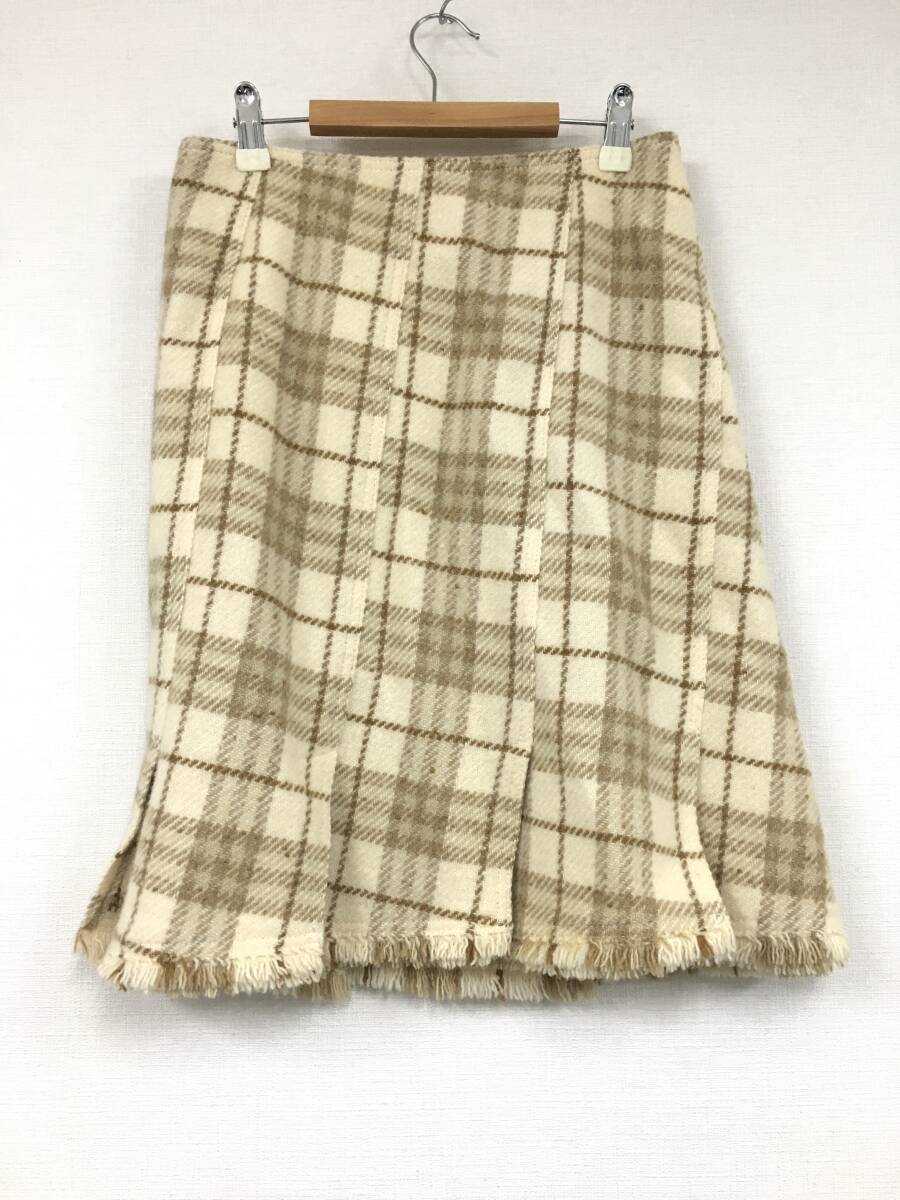 BURBERRY LONDON バーバリー 裾フリンジ ウール スカート チェック柄 ベージュ系 サイズ36拍卖
