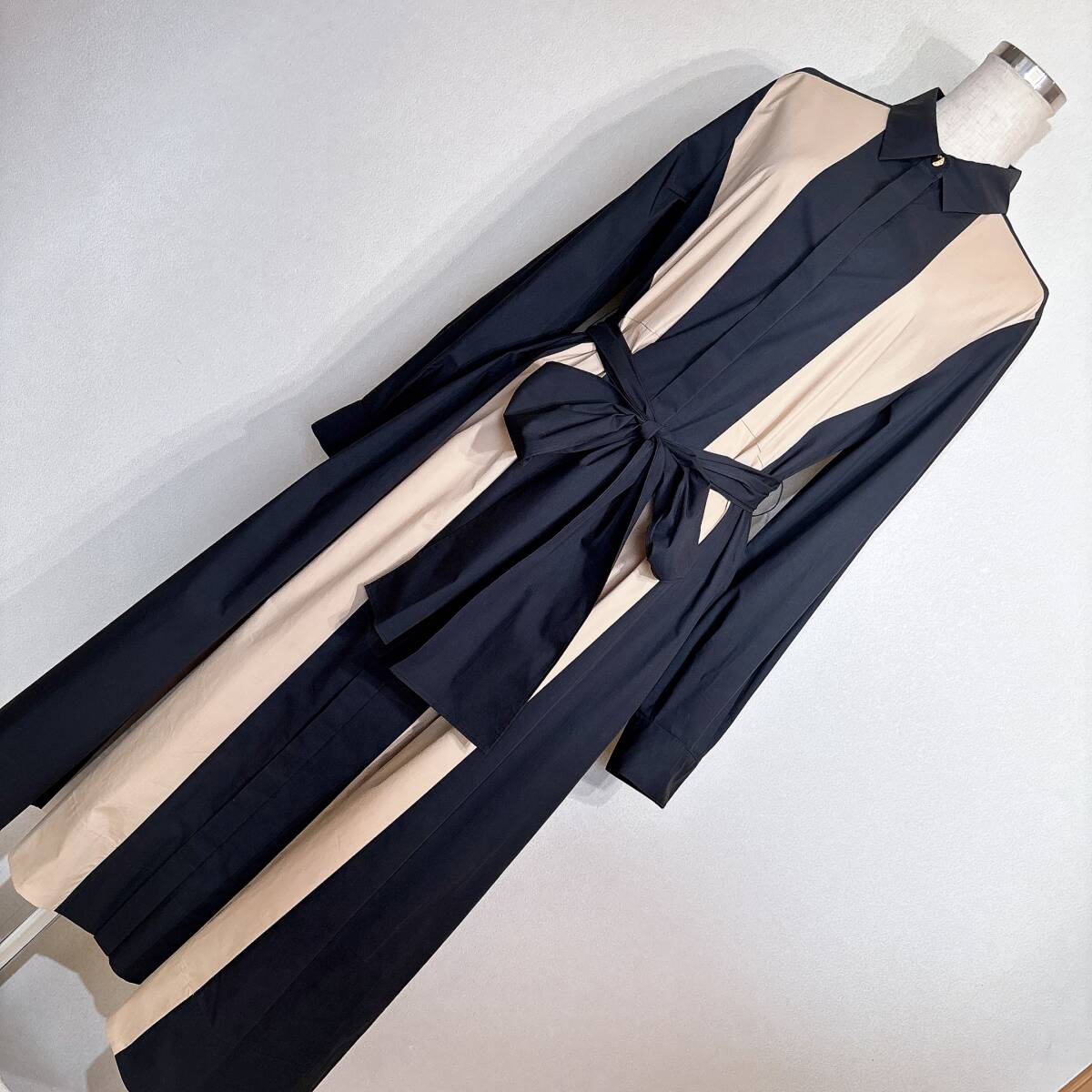 C429美品!■グレースクラス★黒*ベージュ切替配色★マキシ丈ワンピース■38拍卖