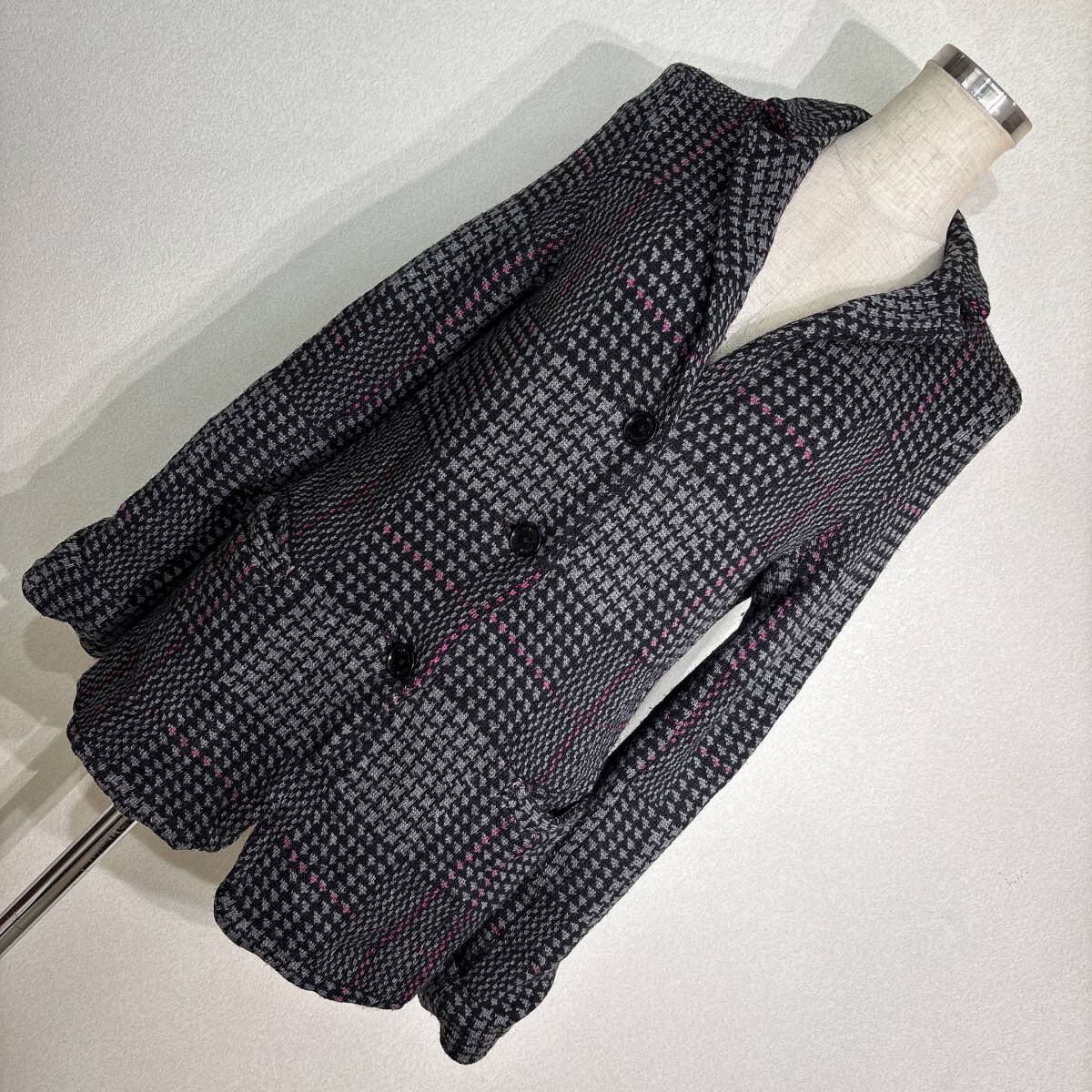 C452■L'EQUIPEヨシエイナバ★ジャガードチェック/ウール★ニットジャケット■40拍卖