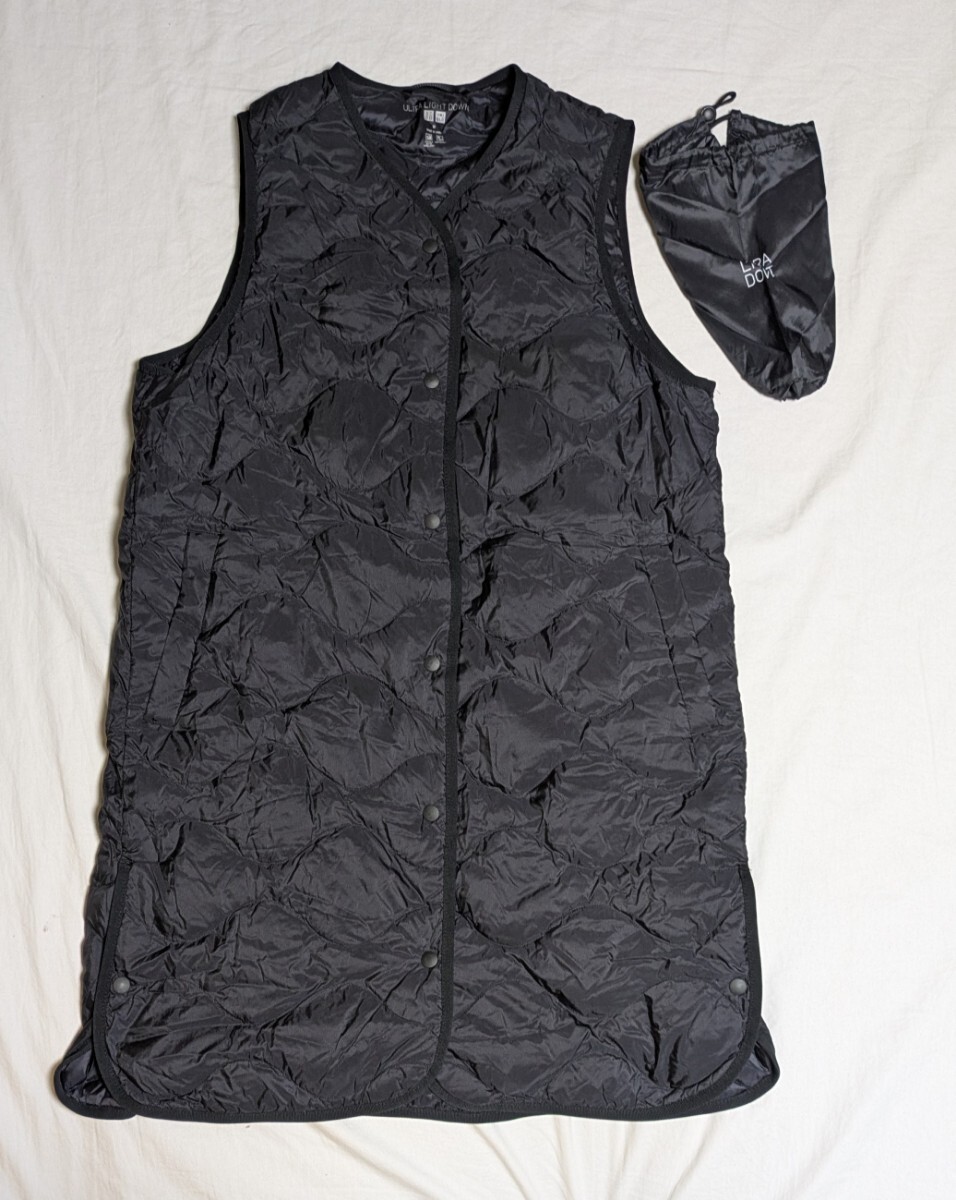 4835送料300円 美品 ユニクロ UNIQLO ウルトラライトダウンロングベスト 収納袋付き(M)ブラック/211-460913 レディース ダウンベスト拍卖