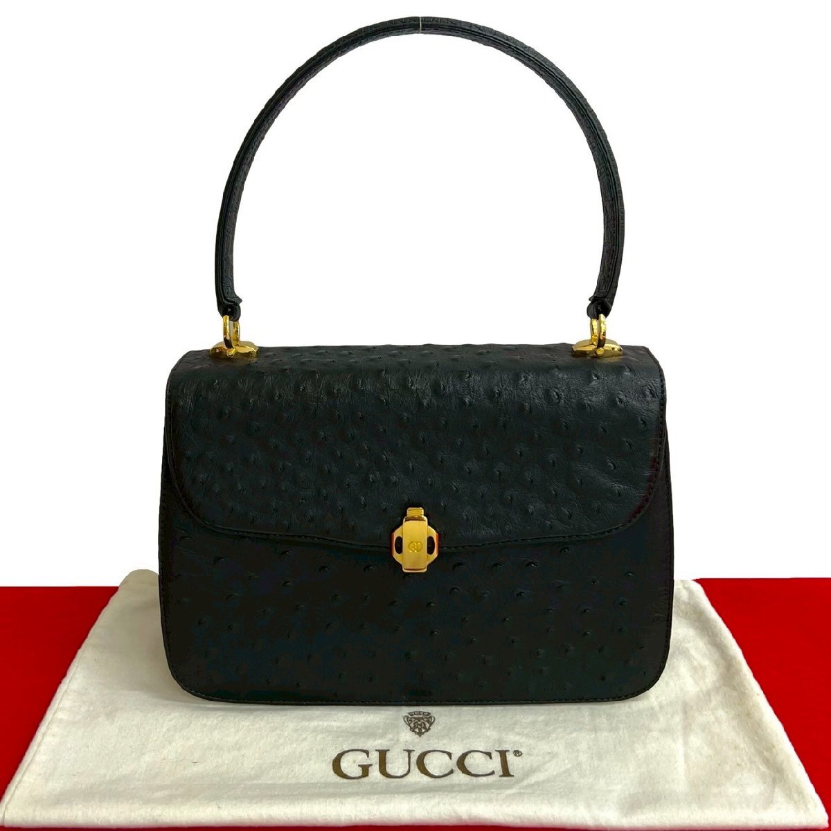 極 美品 袋付き GUCCI グッチ オールドグッチ ヴィンテージ GG ロゴ 金具 オーストリッチ レザー 本革 ハンドバッグ ブラック 55668拍卖