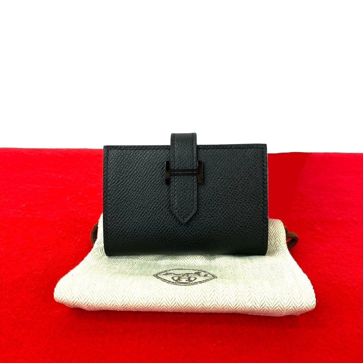 未使用保管品 袋付 W 刻印 HERMES エルメス ベアン カードケース モノクローム ヴォーエプソン レザー 名刺入れ パスケース ブラック 20412拍卖