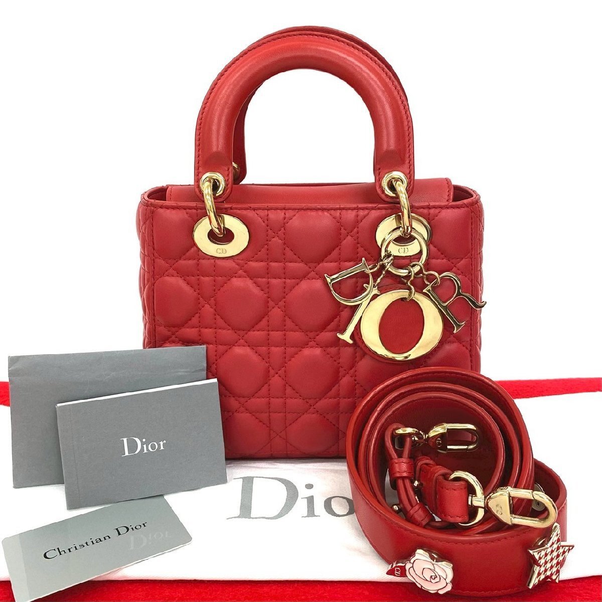 極 美品 袋付 Christian Dior ディオール レディディオール My ABC Dior カナージュ レザー 2way ハンドバッグ ショルダーバッグ 赤 14369拍卖