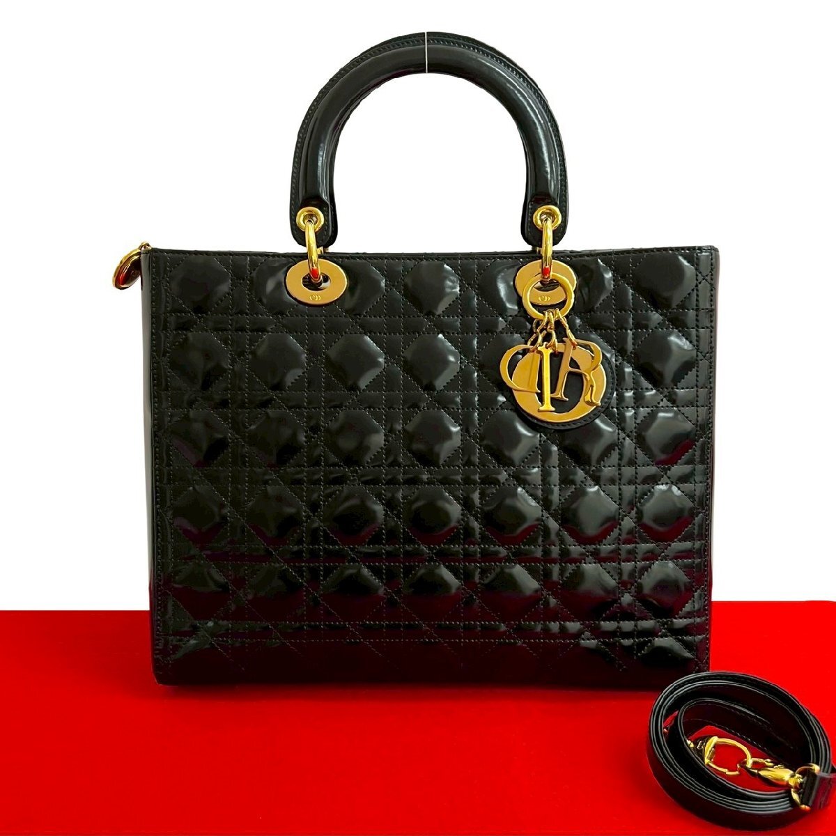極 美品 Christian Dior クリスチャンディオール レディディオール パテント レザー 2way ハンドバッグ ショルダーバッグ ブラック 23056拍卖