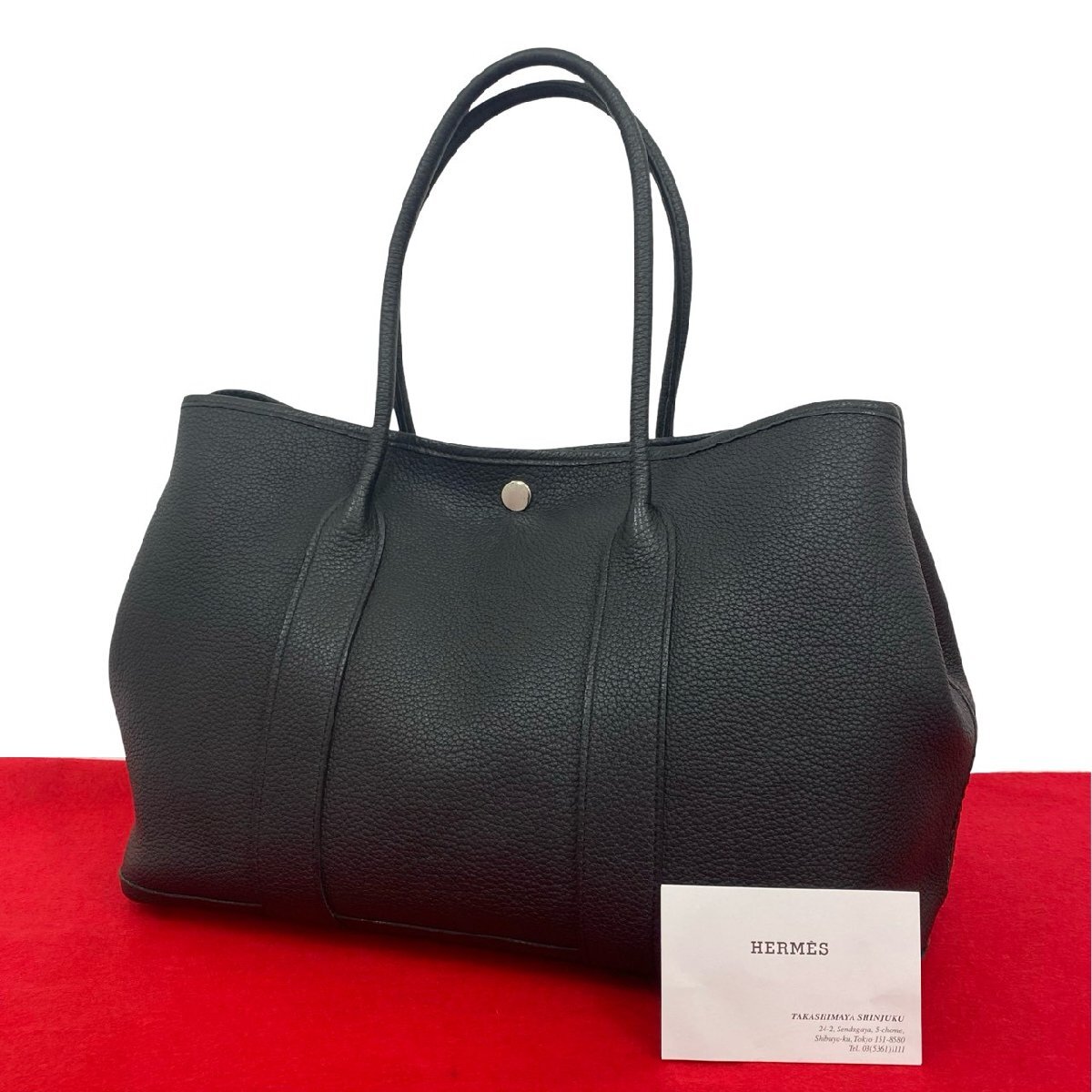 極 美品 X 刻印 HERMES エルメス ガーデンパーティ PM ネゴンダ レザー 本革 トートバッグ ハンドバッグ ボストンバッグ ブラック 黒 200-2拍卖