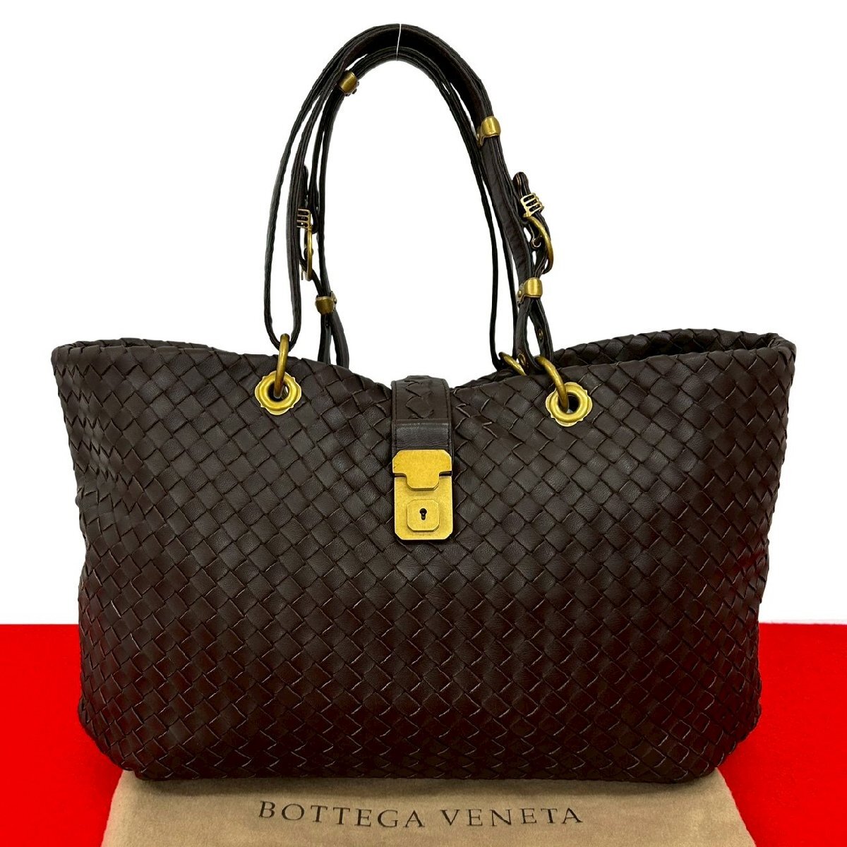 極 美品 袋付 BOTTEGA VENETA ボッテガヴェネタ イントレチャート レザー 本革 トートバッグ ハンドバッグ ビジネスバッグ ブラウン 79944拍卖
