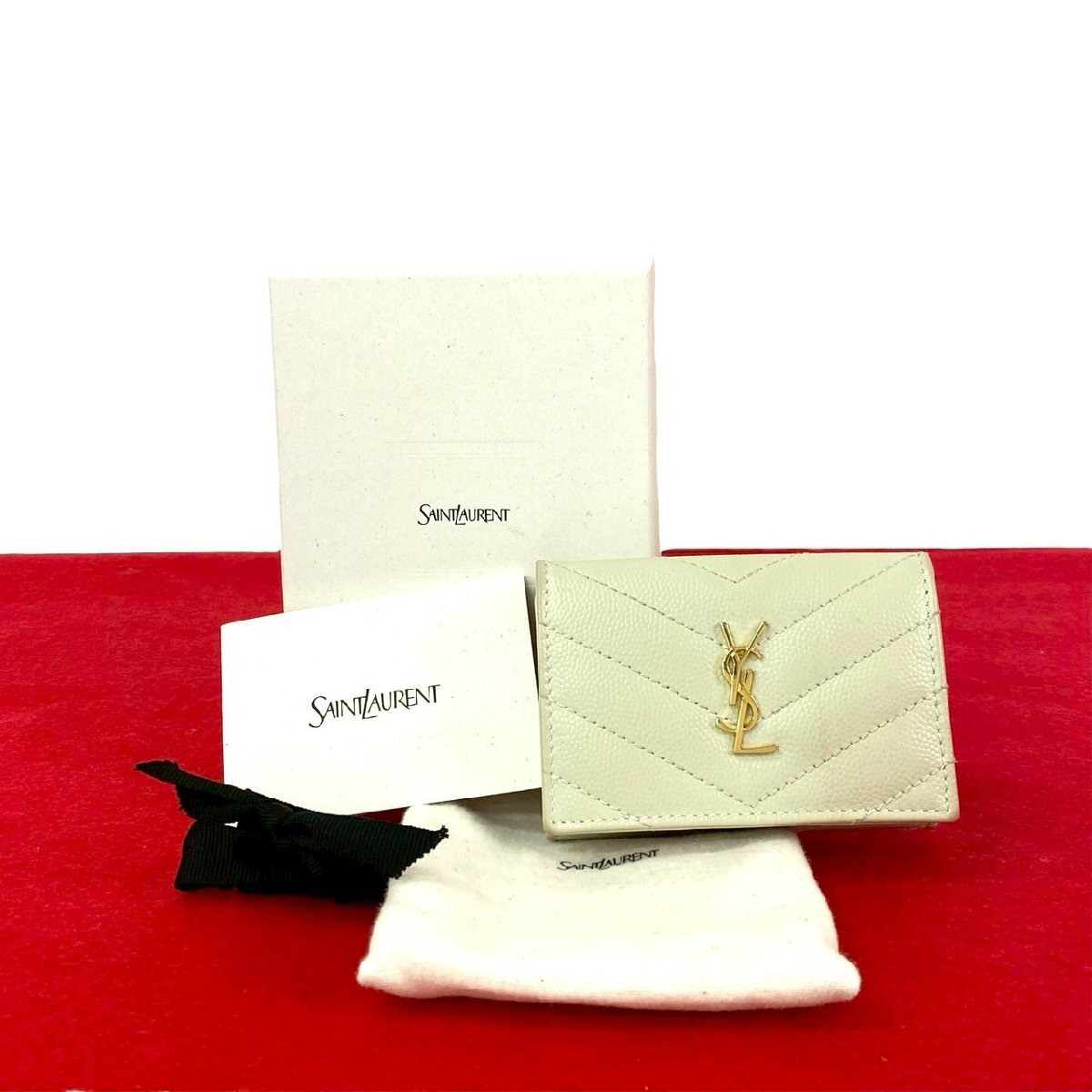 極 美品 箱 袋付き SAINT LAURENT PARIS サンローランパリ YSL ロゴ 金具 レザー 本革 三つ折り財布 ミニ ウォレット アイボリー ss676拍卖