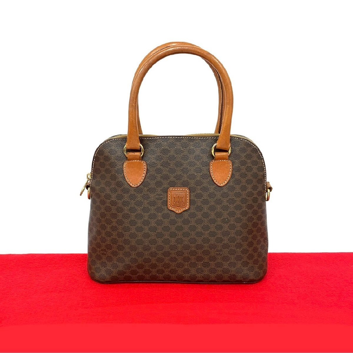 極 美品 CELINE セリーヌ ヴィンテージ マカダム ブラゾン トリオンフ 柄 レザー ハンドバッグ ミニ トートバッグ ブラウン 35051拍卖