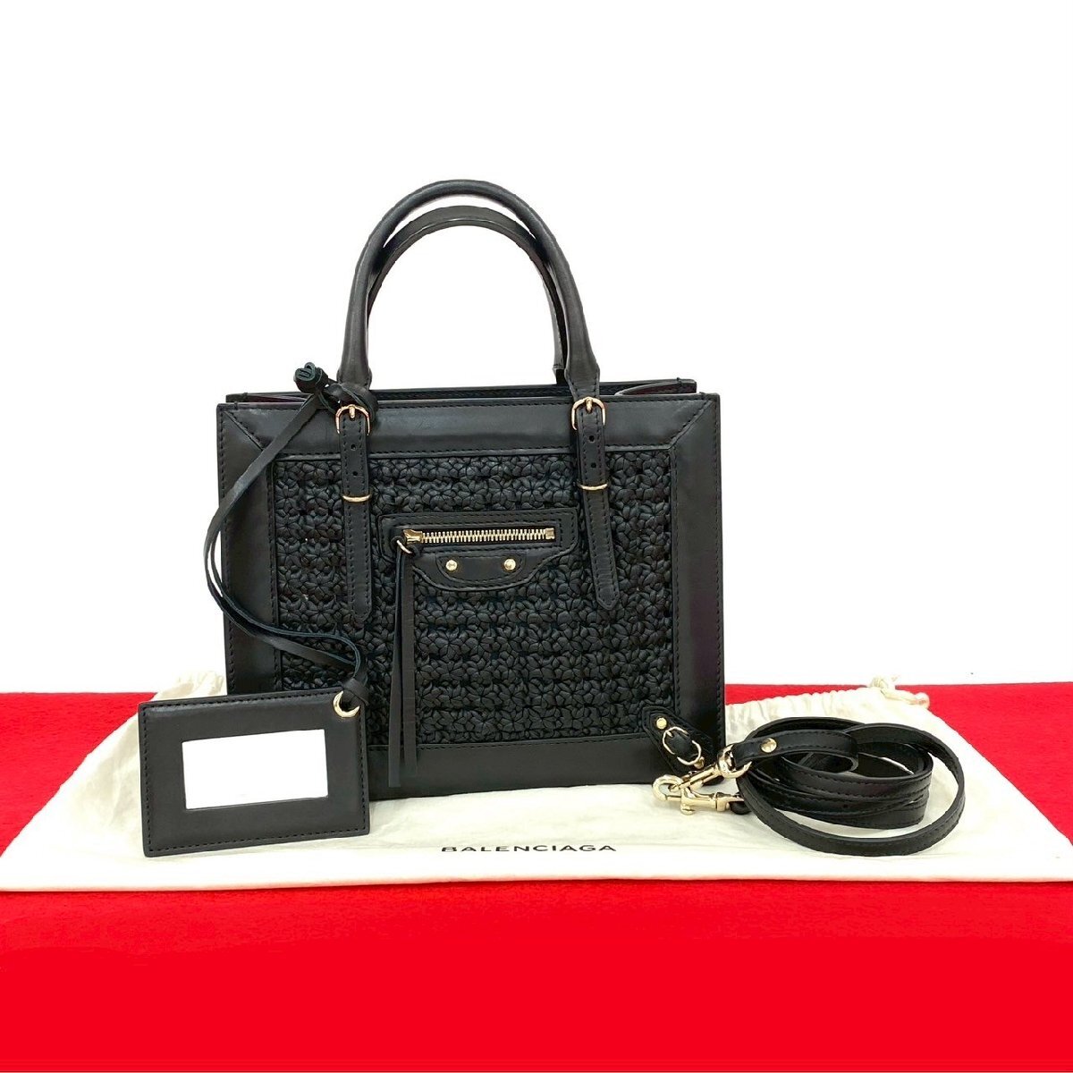 極 美品 袋付き BALENCIAGA バレンシアガ ミニペーパー レザー 2way ハンドバッグ トートバッグ ショルダーバッグ ブラック 33263拍卖
