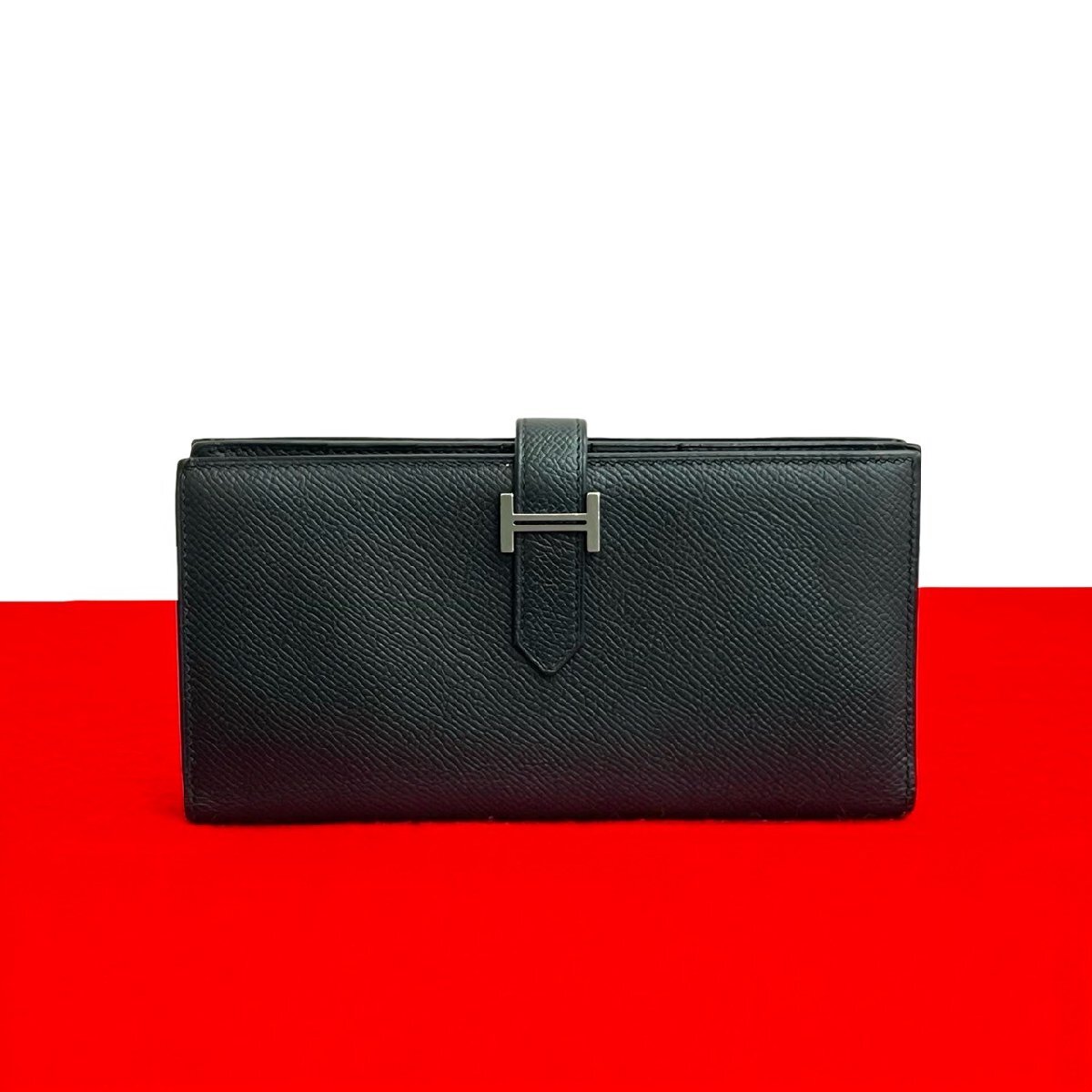 極 美品 C 刻印 HERMES エルメス ロゴ 金具 ベアンスフレ ヴォーエプソン レザー 本革 二つ折り 長財布 ウォレット ブラック td-92拍卖