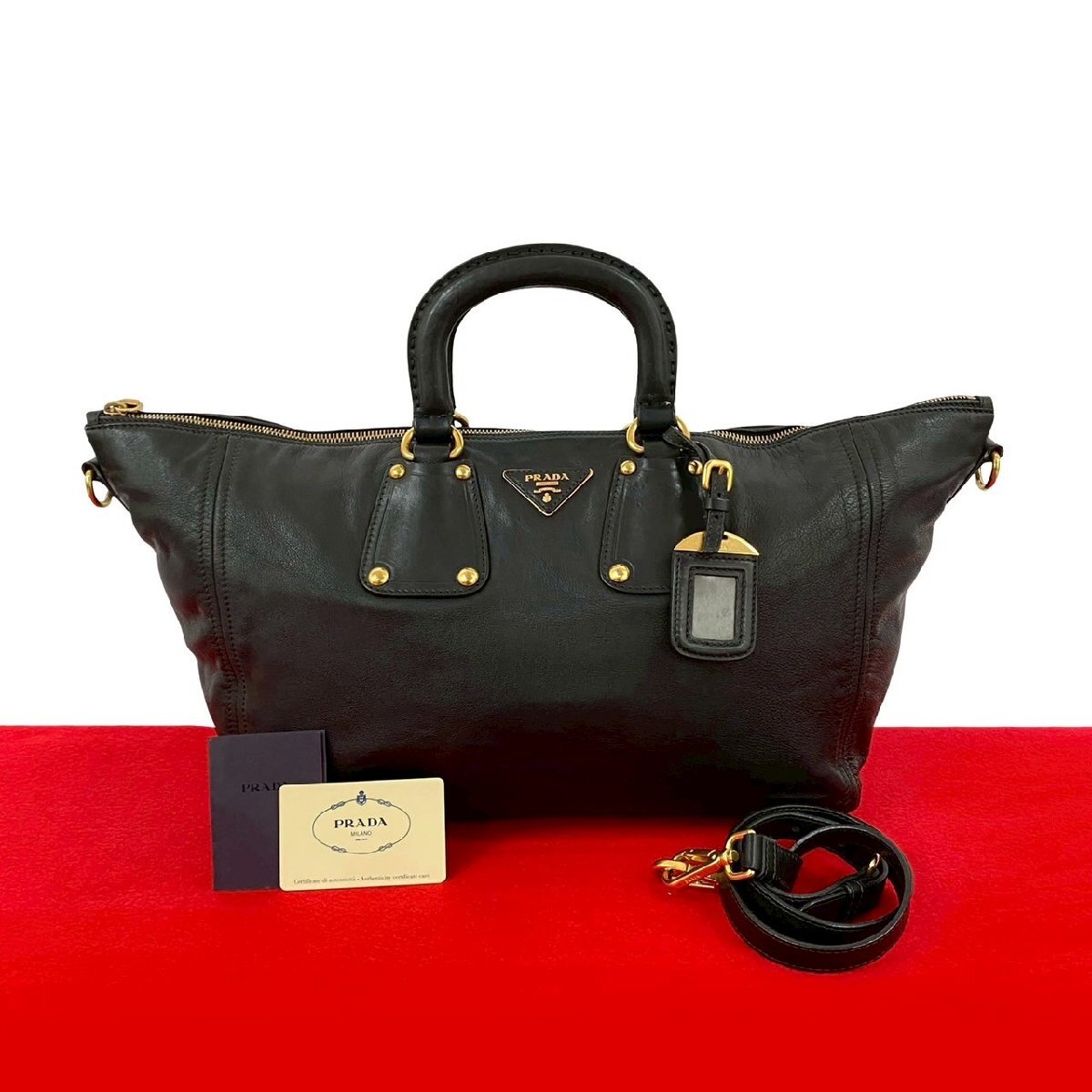 極 美品 PRADA プラダ 三角ロゴ 金具 レザー 本革 2way ハンドバッグ ミニ ボストンバッグ トートバッグ ショルダーバッグ ブラック 71440拍卖