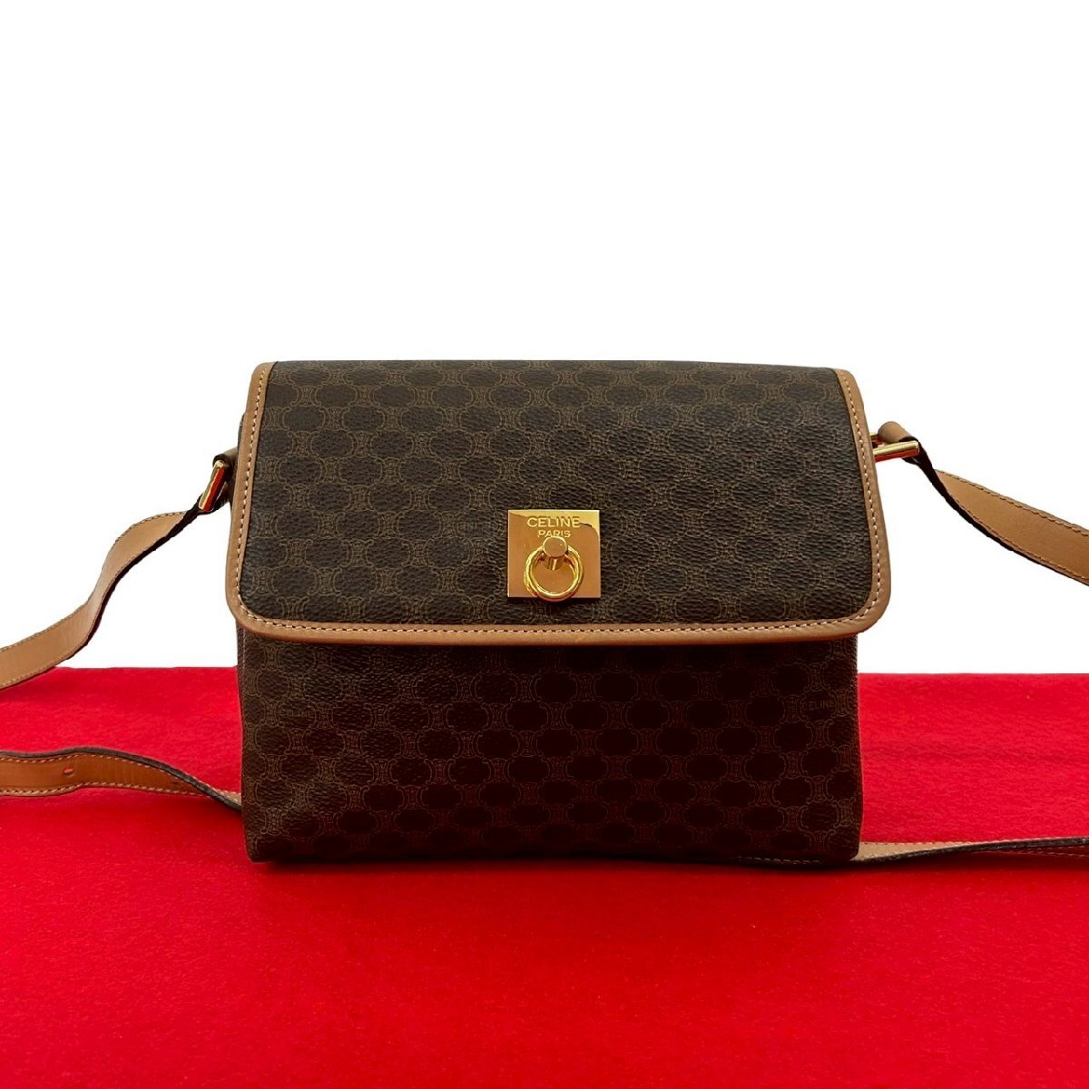 極 美品 CELINE セリーヌ ヴィンテージ マカダム ブラゾン 柄 ロゴ リング 金具 レザー 本革 ショルダーバッグ ポシェット ブラウン 06461拍卖