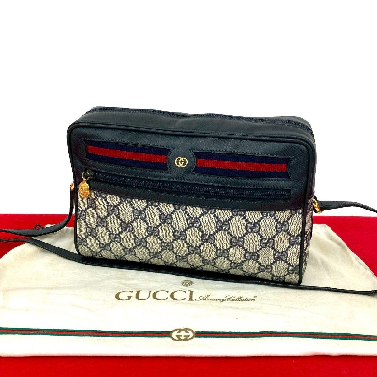 極 美品 袋付き GUCCI グッチ オールドグッチ シェリーライン GG ロゴ 金具 レザー 本革 ショルダーバッグ ポシェット ネイビー 840-8拍卖