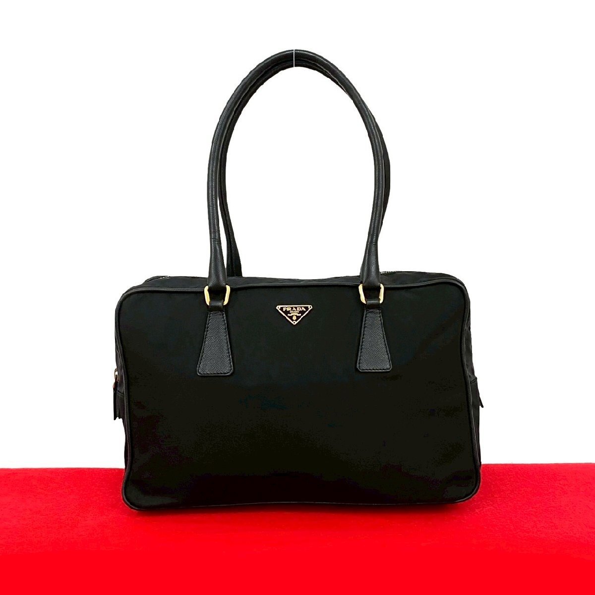 極 美品 PRADA プラダ 三角ロゴ 金具 テスート ナイロン サフィアーノ レザー 本革 ハンドバッグ ミニ トートバッグ ブラック 79375拍卖