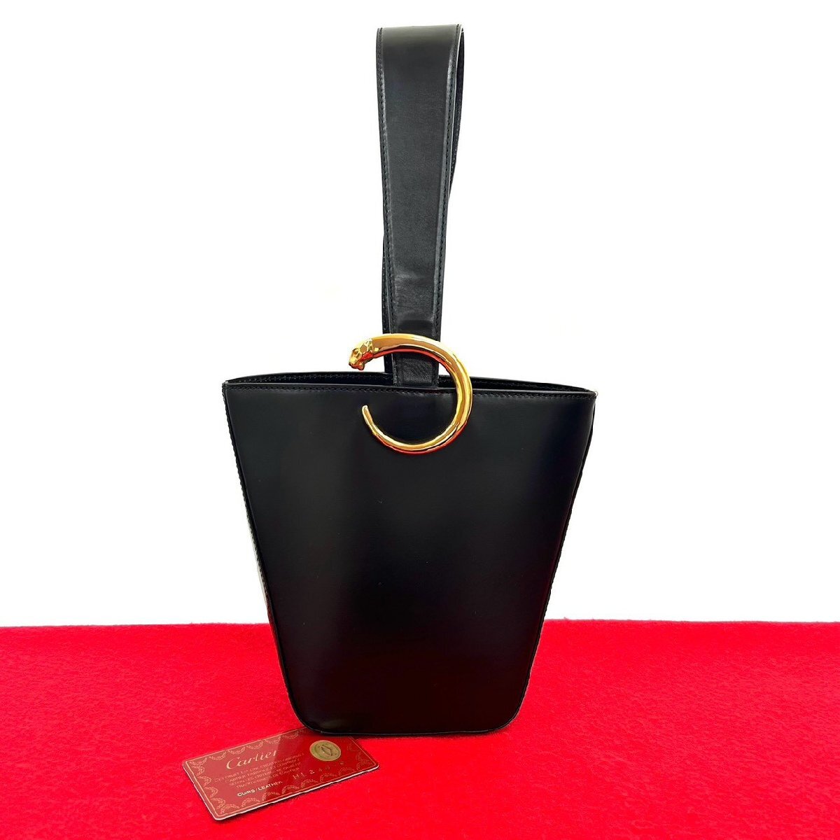 未使用保管品 希少品 CARTIER カルティエ パンサー パンテール 金具 レザー 本革 ミニ ハンドバッグ トートバッグ ブラック 黒 343-7拍卖