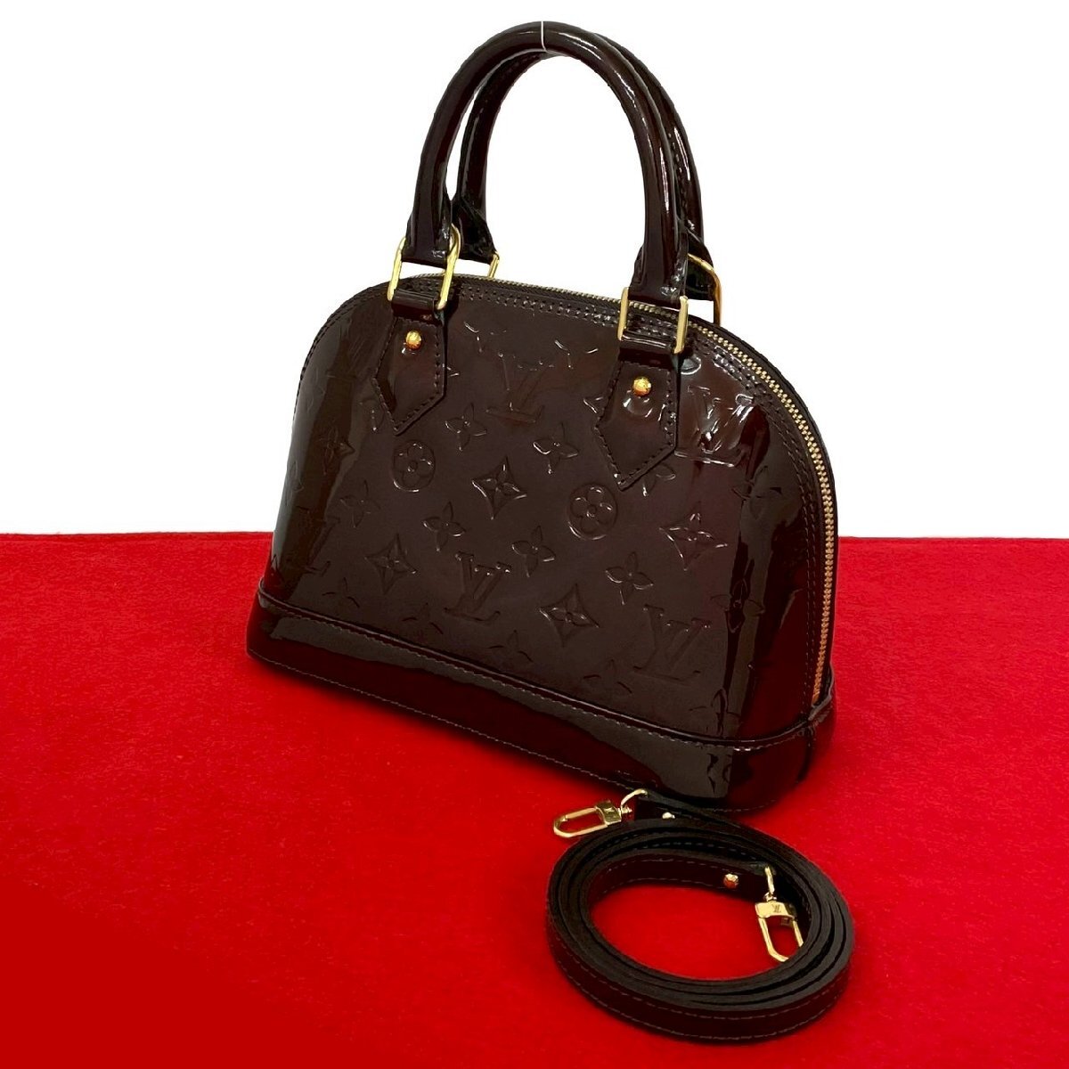 極 美品 LOUIS VUITTON ルイヴィトン アルマ BB モノグラム ヴェルニ レザー 本革 2way ハンドバッグ ショルダーバッグ アマラント 32490拍卖
