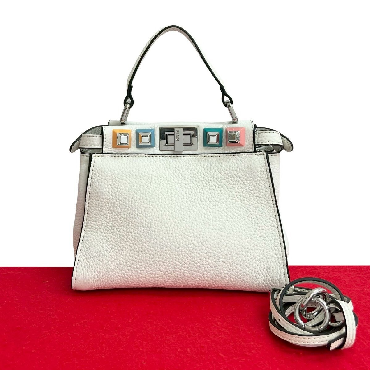 極 美品 希少品 FENDI フェンディ ピーカブー ミニ レザー 本革 2way ハンドバッグ ショルダーバッグ ホワイト マルチカラー 2145b拍卖
