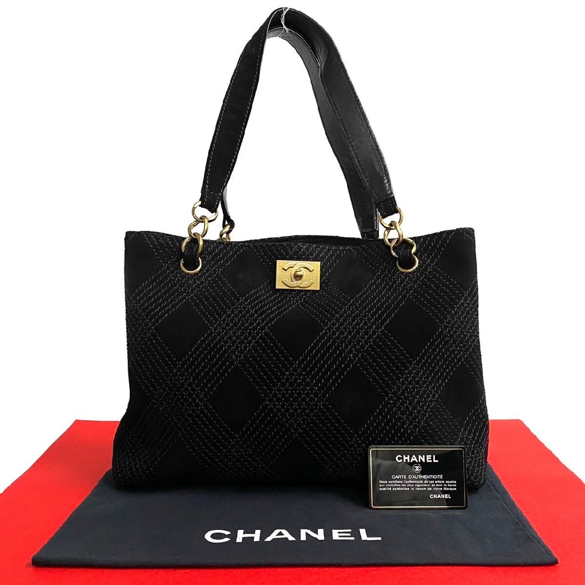 ほぼ未使用 カード シール有 7番台 CHANEL シャネル ヴィンテージ ココマーク スウェード トートバッグ ハンドバッグ ブラック 710-4拍卖