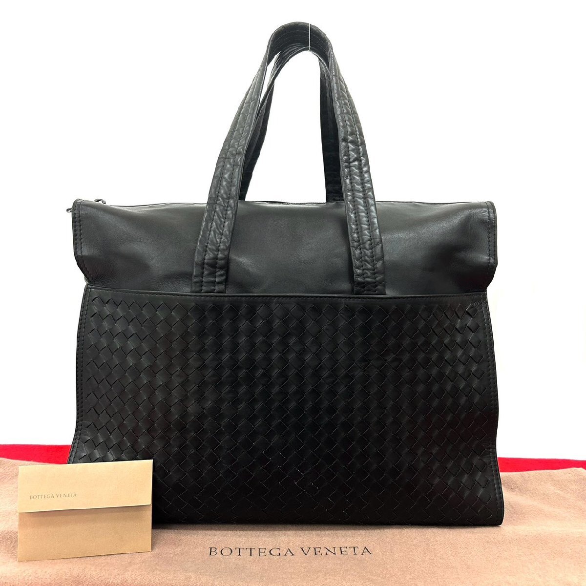 極 美品 袋付き BOTTEGA VENETA ボッテガヴェネタ イントレチャート レザー 本革 トートバッグ ビジネスバッグ A4収納可能 ブラック d22-4拍卖