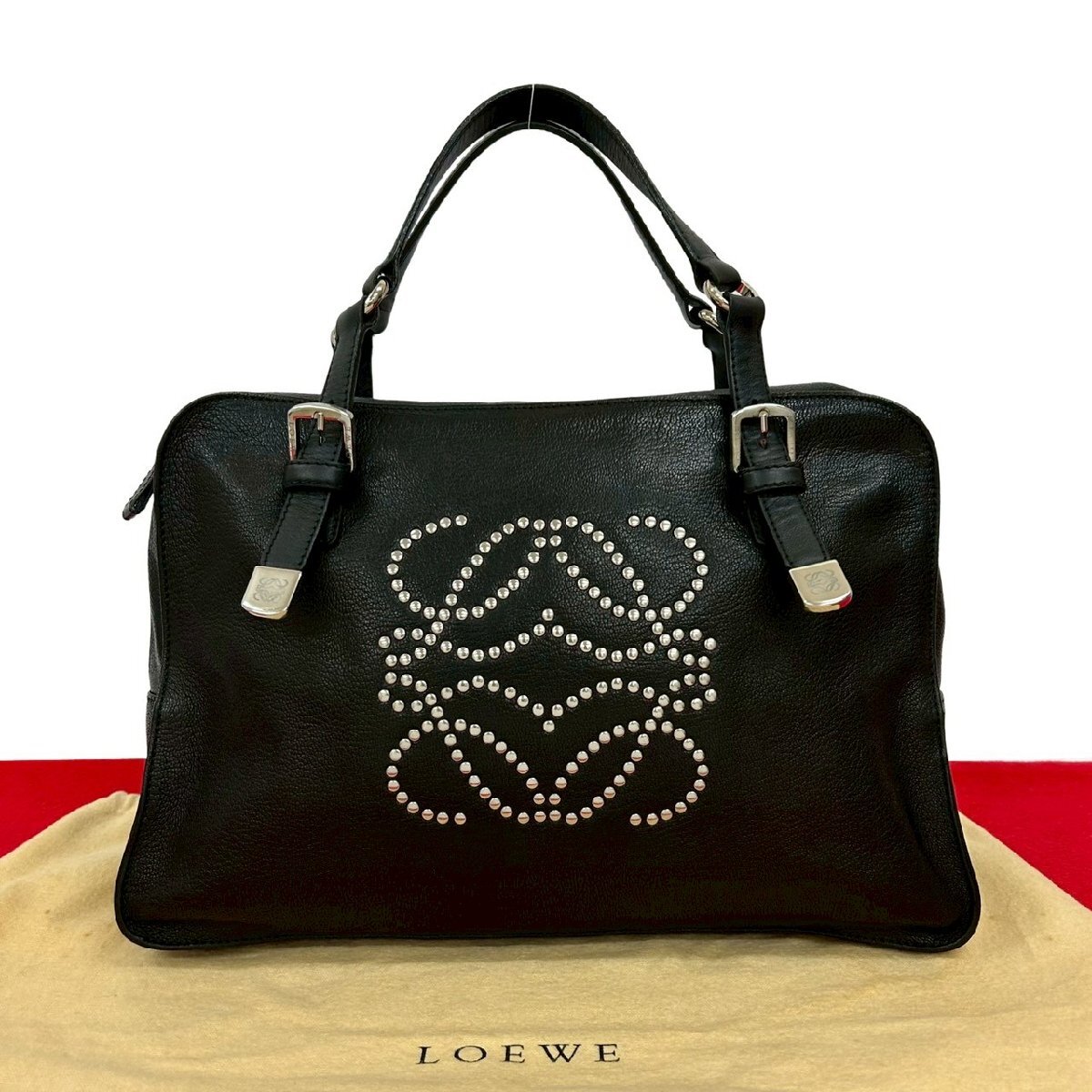 極 美品 袋付き LOEWE ロエベ アナグラム ロゴ スタッズ レザー 本革 ハンドバッグ ボストンバッグ トートバッグ ブラック 28057拍卖