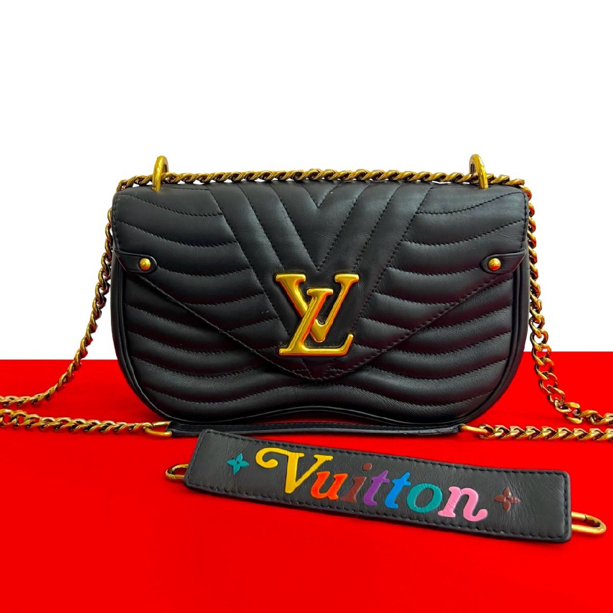 極 美品 LOUIS VUITTON ルイヴィトン ニューウェーブ レザー 本革 2way チェーン ショルダーバッグ ハンドバッグ ブラック 28720拍卖