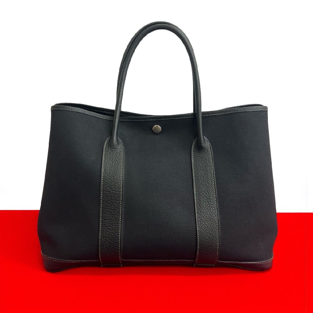 極 美品 □M刻印 HERMES エルメス ガーデンパーティ PM トワルオフィシエ ネゴンダ トートバッグ ハンドバッグ ブラック 黒 60654拍卖