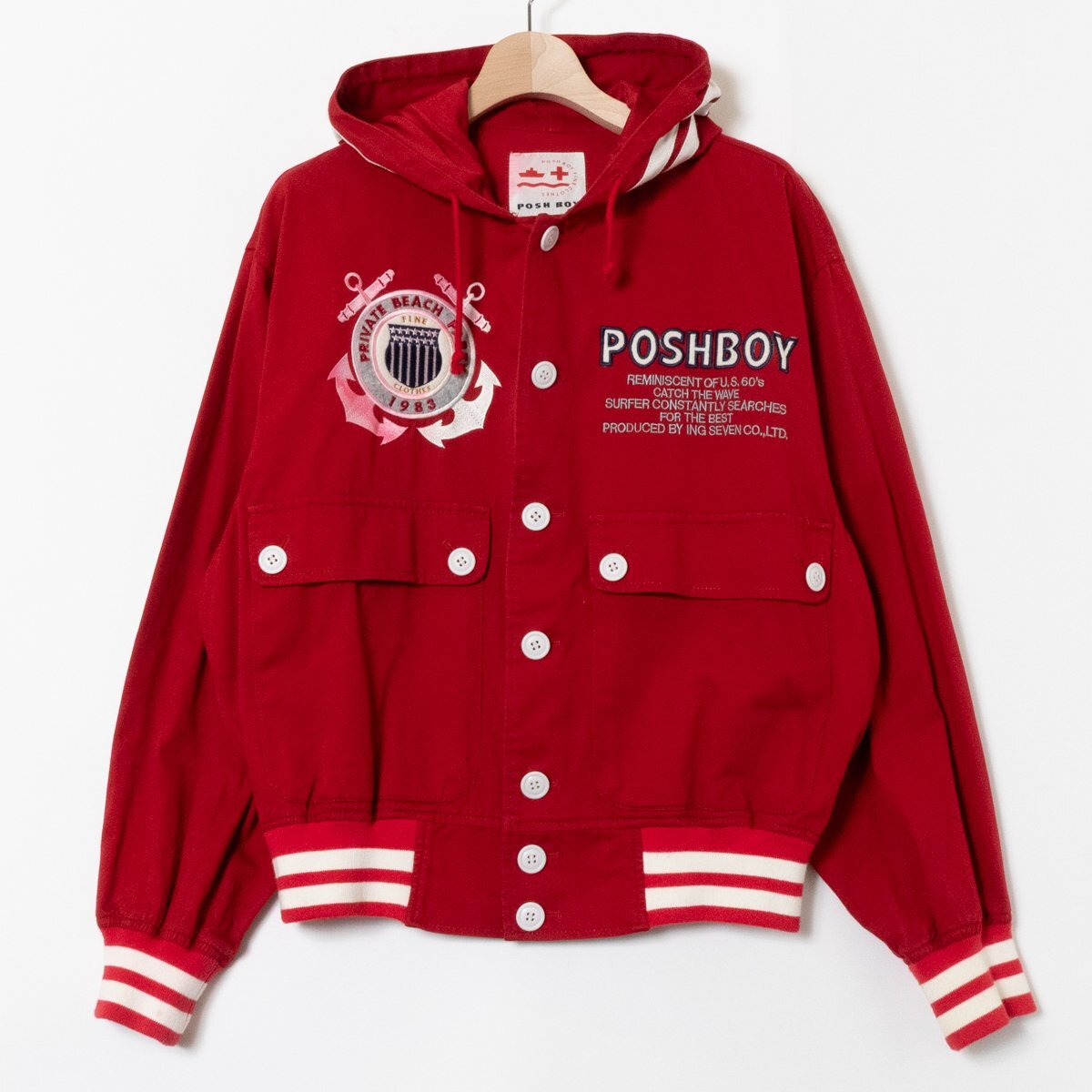 POSHBOY 90s コットンジャケット ポッシュボーイ アウター 刺繍 ワッペン レッド ヴィンテージ カジュアル フード コットン100% F メンズ拍卖