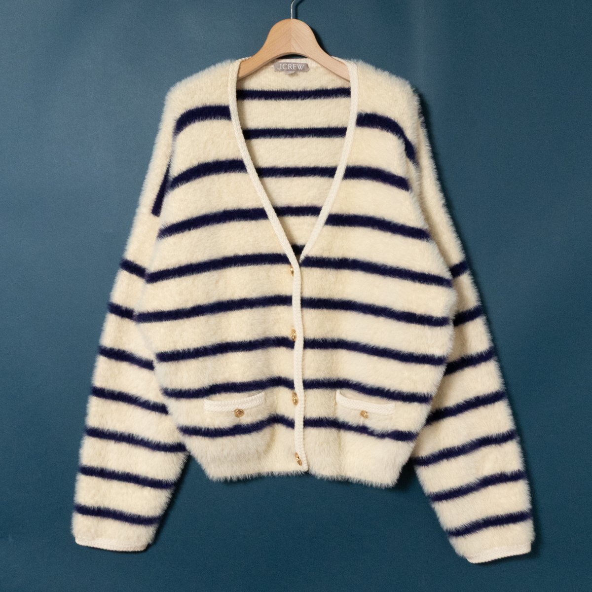 J.CREW ジェイクルー Vネックニットカーディガン シャギー ボーダー ホワイト ブルー M レディース ナイロン ウール キレイめ カジュアル拍卖