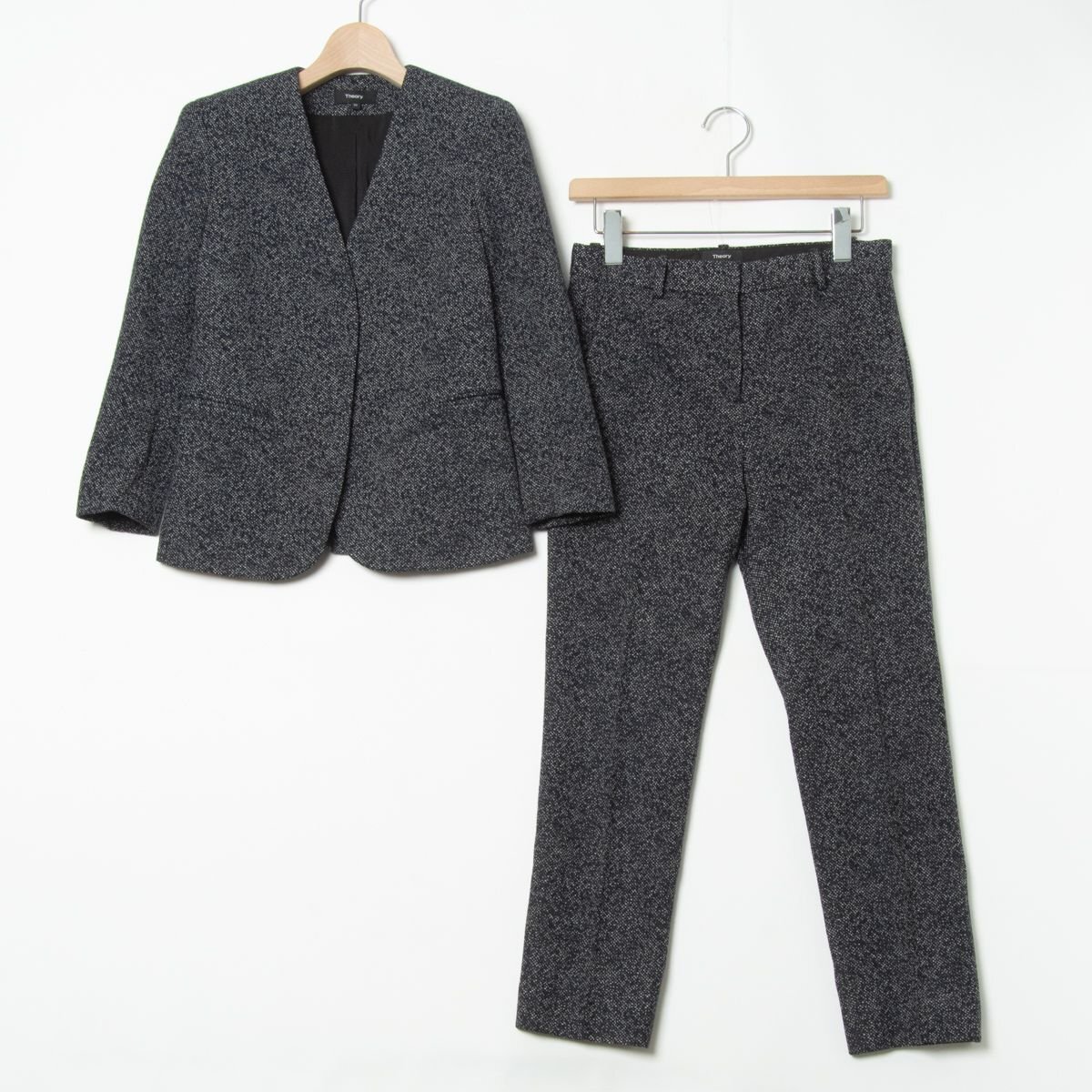 Theory セオリー セットアップ 00 ノーカラージャケット テーパードパンツ ウール混 ダークネイビー系 総裏 レディース 婦人 シック拍卖