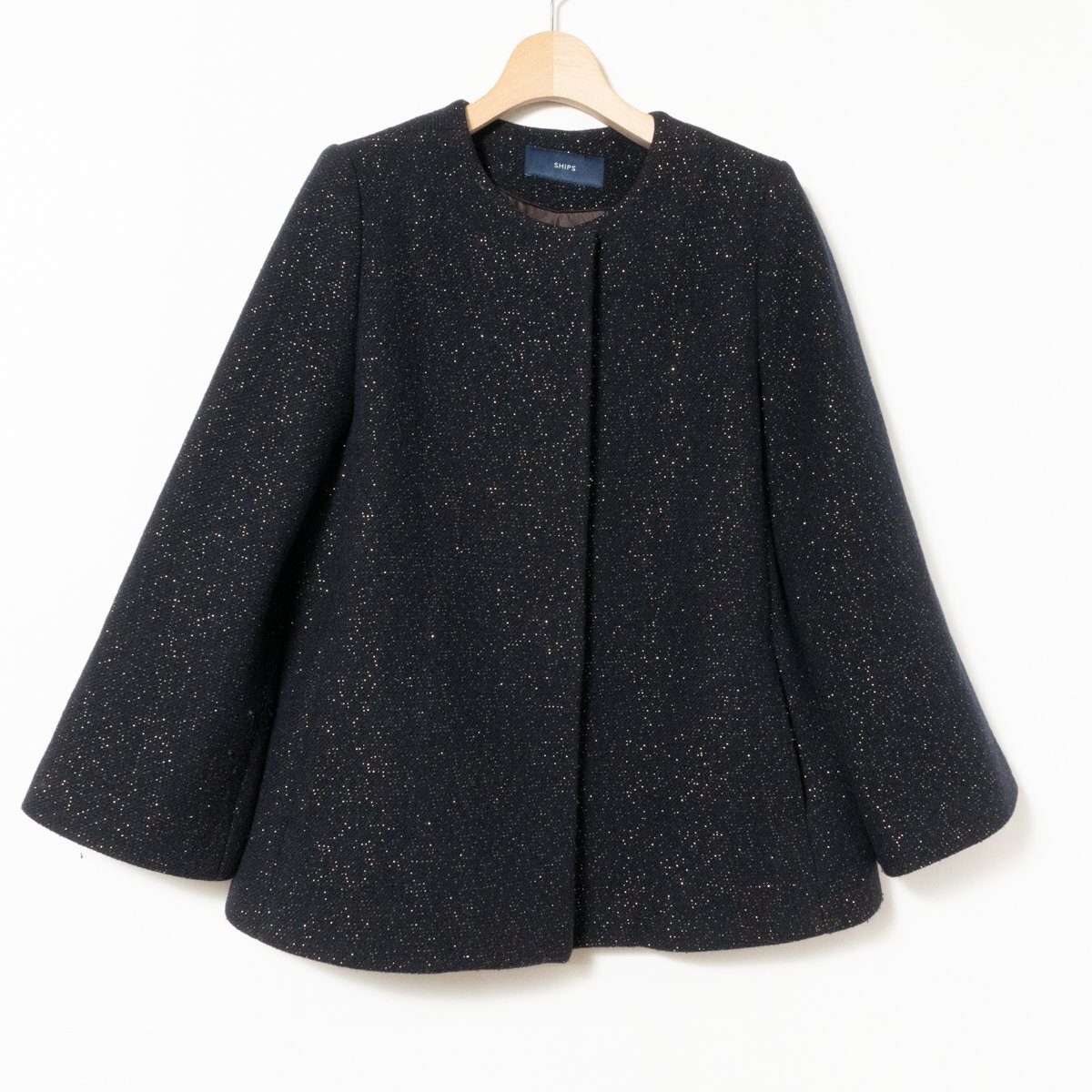 SHIPS シップス レディース ノーカラージャケット コート ネイビー 紺 ラメ入り オケージョン 上品 サイズ36 毛 ナイロン ポリエステル拍卖