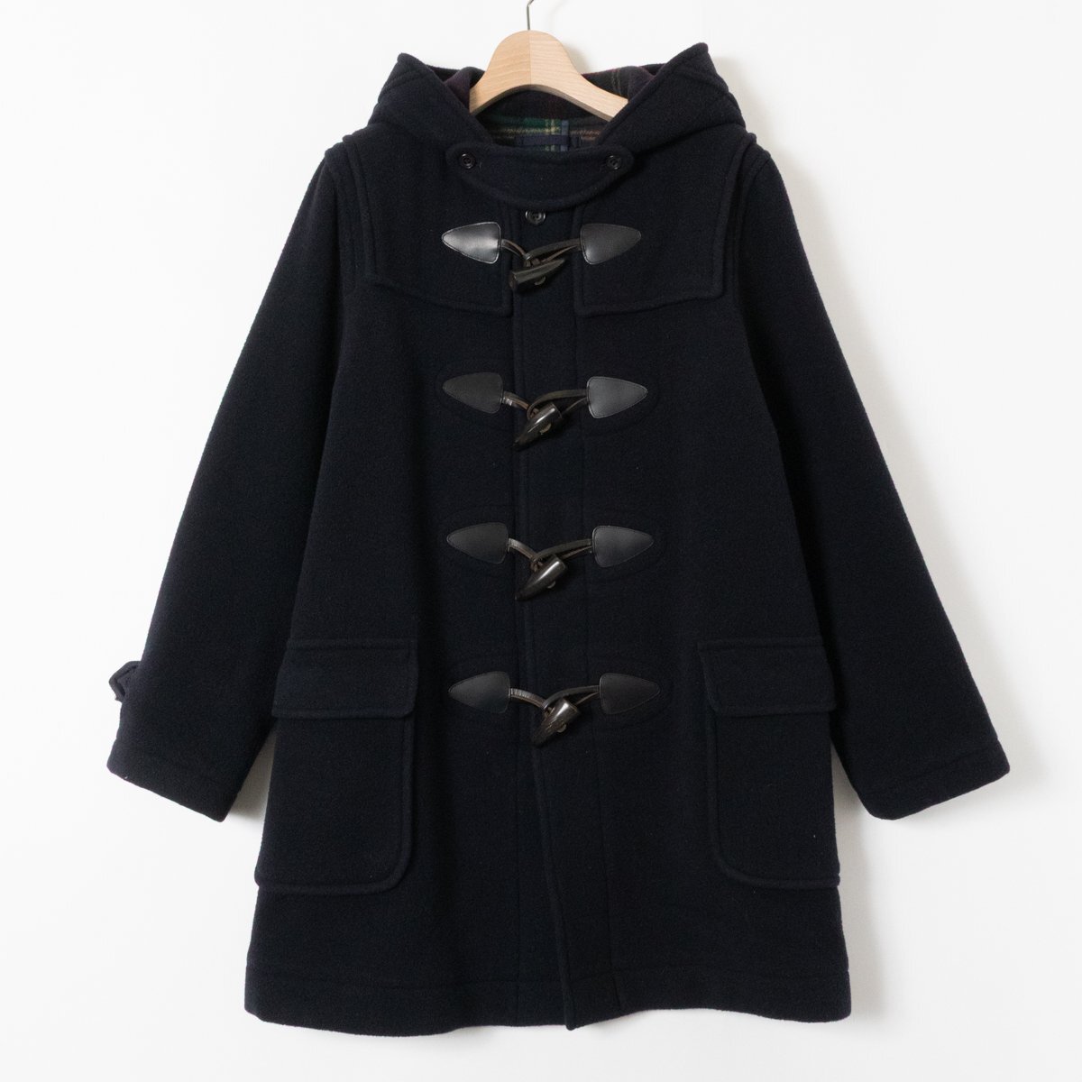 【1円スタート】J.PRESS ジェイプレス フード付きダッフルコート アウター M ネイビー 紺 チェック ウール 毛 トグルボタン開閉 レディース拍卖