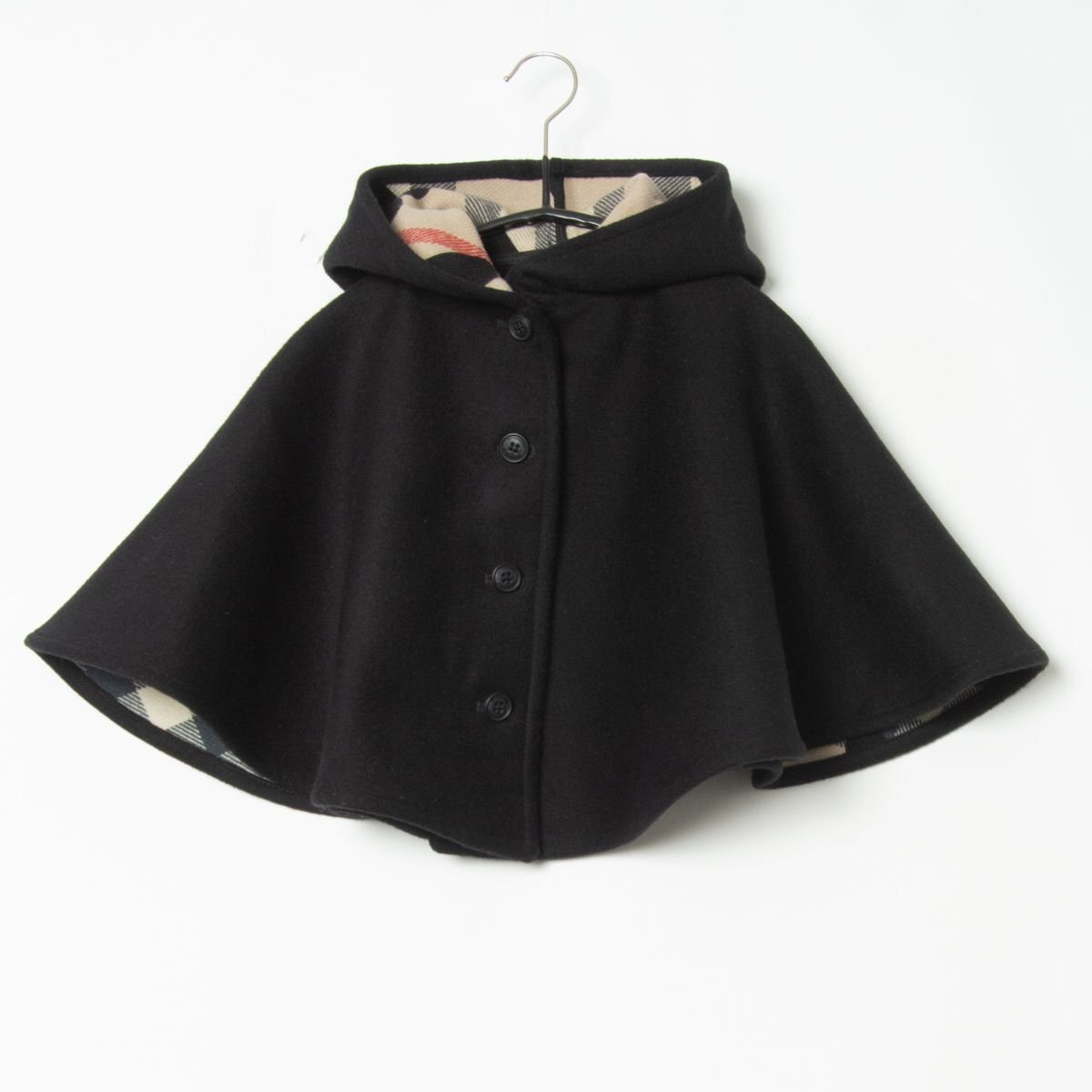 【1円スタート】BURBERRY CHILDREN バーバリー フード付きポンチョ ケープ M/71×32 ベビー服 ウール100% 黒 ブラック ロゴ釦 アウター拍卖