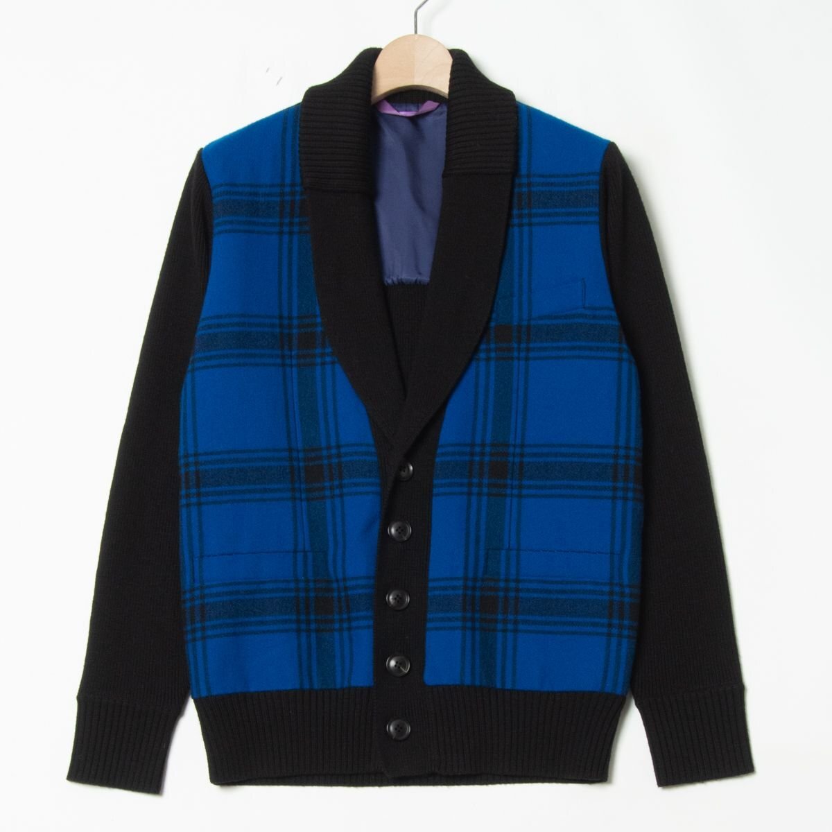 【1円スタート】Paul Smith ポールスミス チェック柄コンビショールカラーカーディガン ニットジャケット メンズ M ウール100% 青×黒拍卖