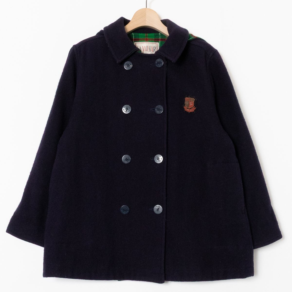 FAMILIAR ファミリア ウールコート 150cm 毛90% ネイビー チェック柄 ロゴ エンブレム アウター フード脱着 ダブル 秋冬 子供 ジュニア拍卖
