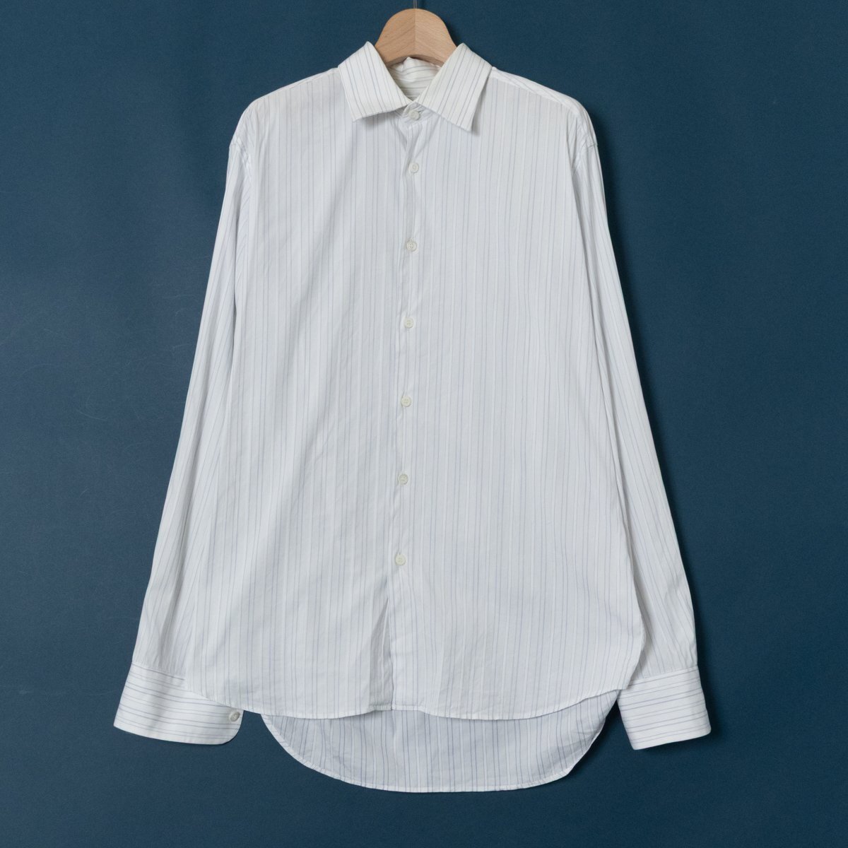 メール便◯ PRADA プラダ ストライプ長袖シャツ カッターシャツ メンズ 39 綿ナイロン 伸縮性あり ハイブランド 白 ホワイト イタリア製拍卖