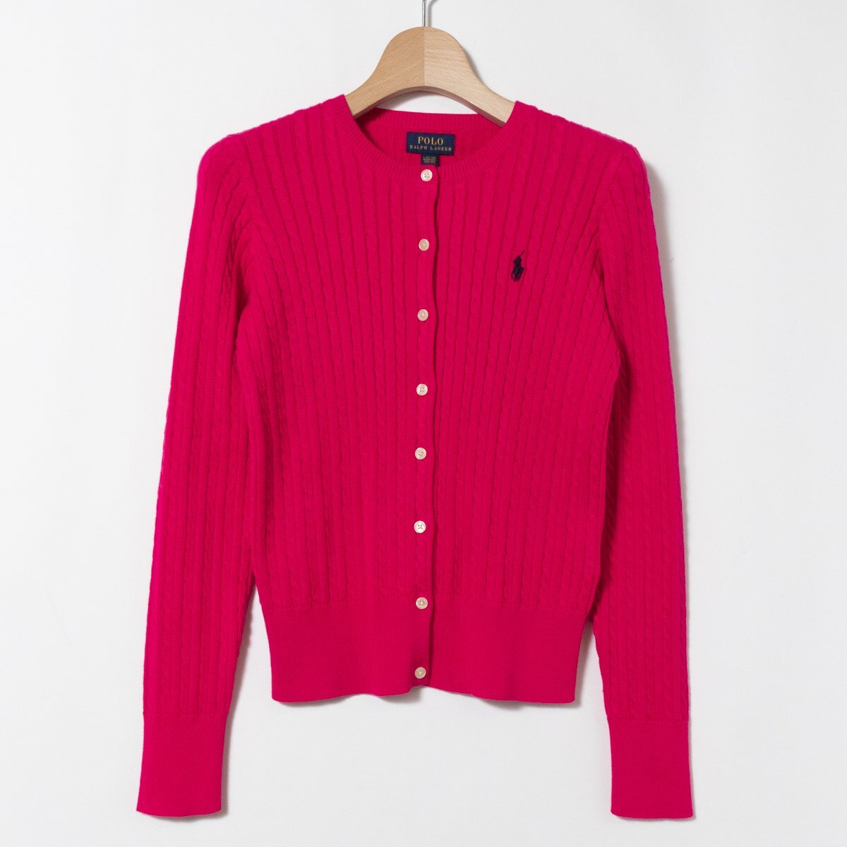 POLO RALPH LAUREN ポロ ラルフ ローレン キッズ 長袖 ニットカーディガン ピンク サイズL(12-14) 150 派手 ケーブル編み 綿100% 差し色拍卖