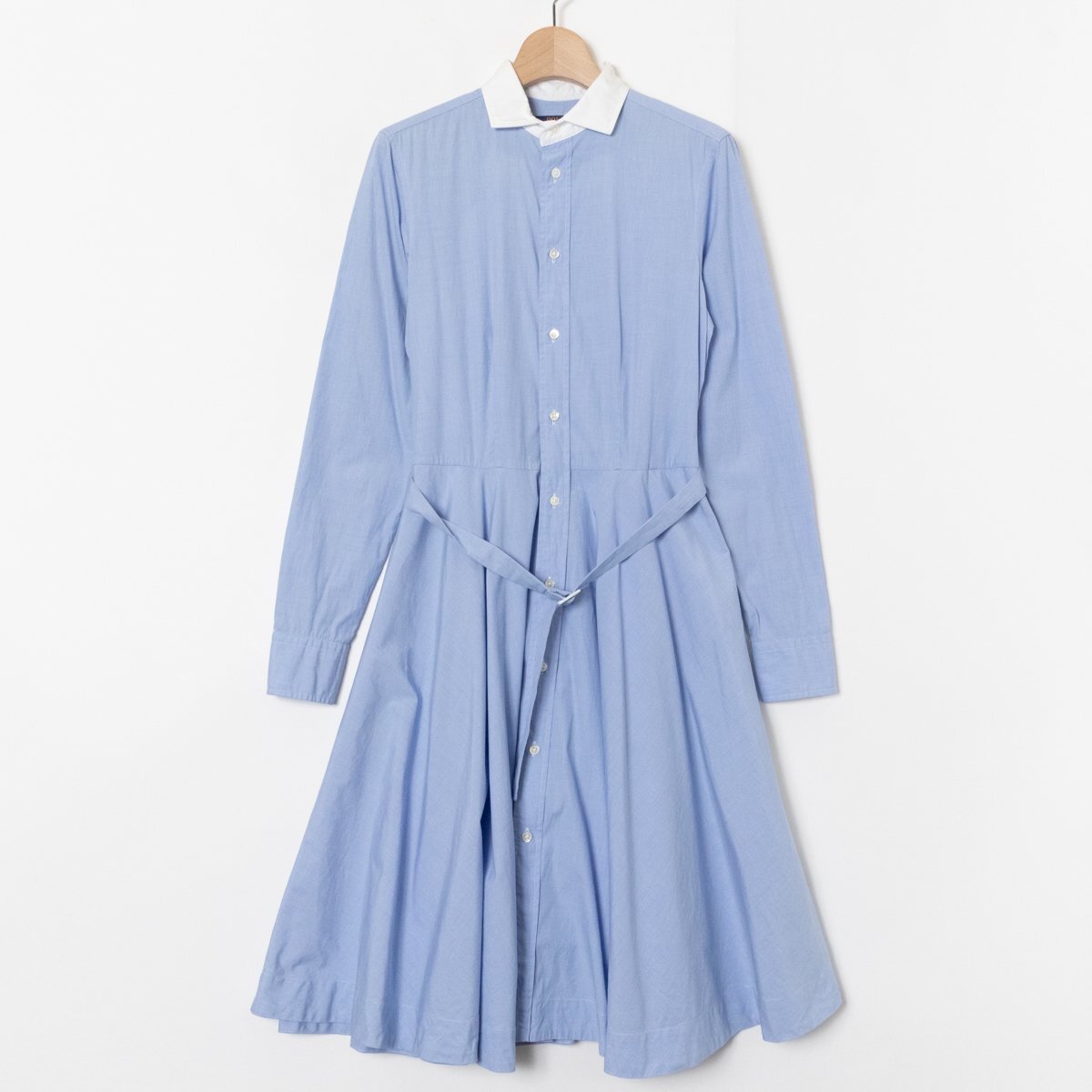 【1円スタート】POLO RALPH LAUREN ラルフローレン 長袖シャツワンピース 0サイズ ミディ丈 綿97% フェミニン 青 サックス 無地 春夏拍卖