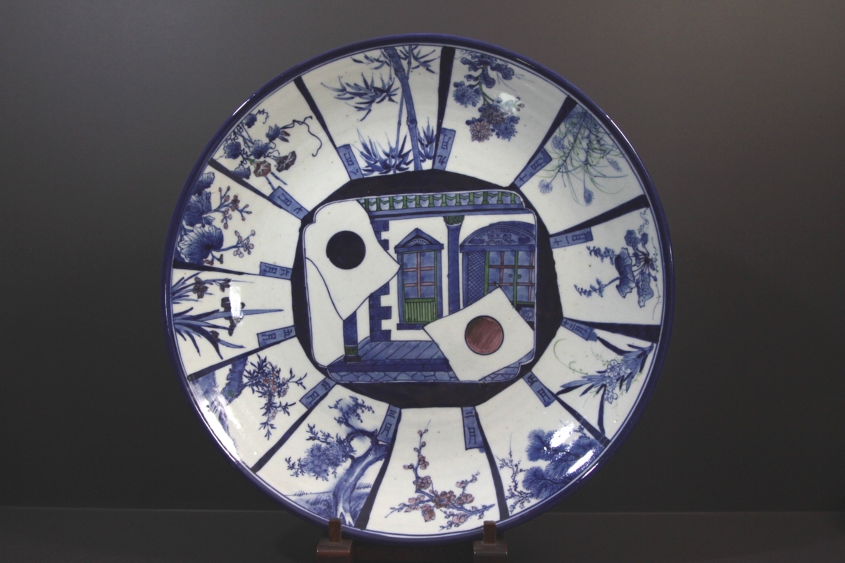 ★★★ 明治期 ベロ藍 色絵染付け 十二か月模様 日の丸 龍鳳凰図 大皿 ★★★ 101拍卖