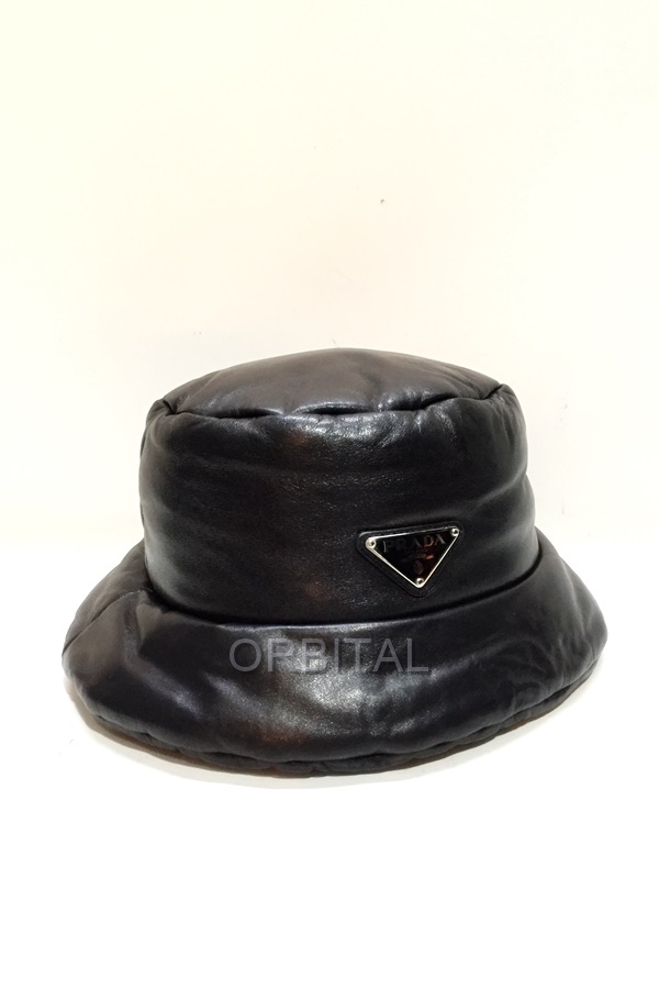 代官山)PRADA プラダ 1HC248 ソフトナッパ パデットバケットハット トライアングルロゴ ブラック 三角ロゴ ラムレザー拍卖