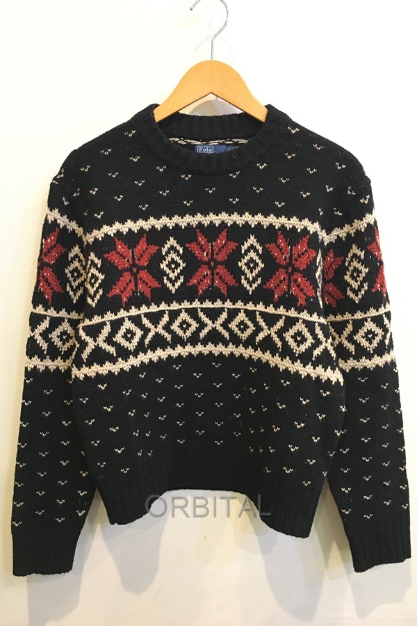 二子玉) POLO RALPH LAUREN ポロ ラルフローレン ノルディック柄 ウール クルーニット セーター ブラック レディース S拍卖