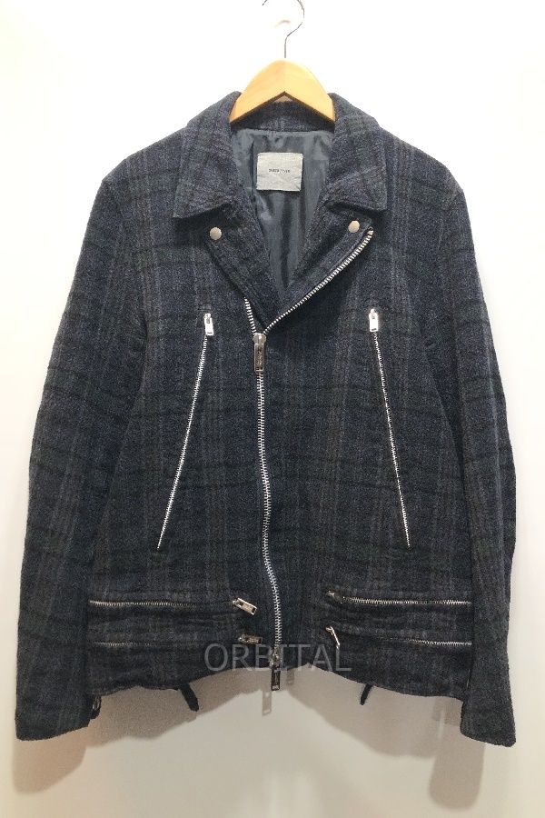 経堂) アンダーカバー UNDERCOVER ウール チェック ライダースジャケット L4202-2 サイズ4 グリーン ネイビー メンズ拍卖