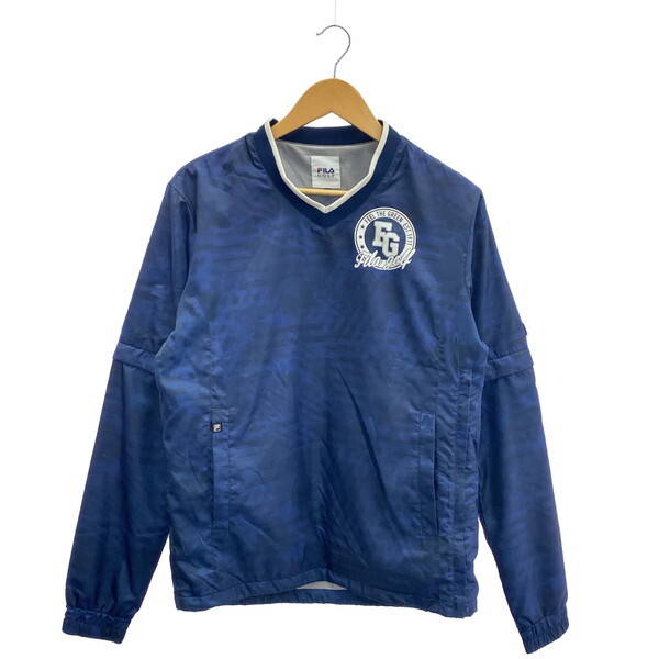 古着 メンズM FILA/フィラ 裏起毛 ピステシャツ 袖取り外し可 ゴルフウェア 長袖 防寒 ネイビー/ホワイト IK4IM207拍卖