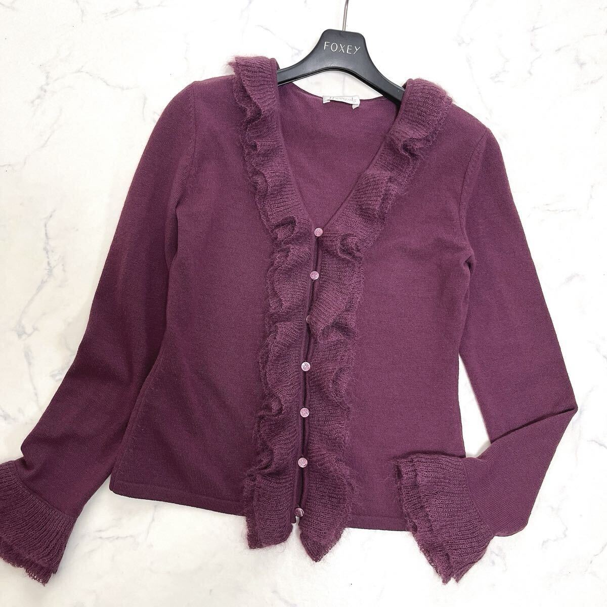 Harrods ハロッズ◆ウール カシミヤ素材フリルニットカーディガン ボルドー◆シルク モヘア レディース拍卖